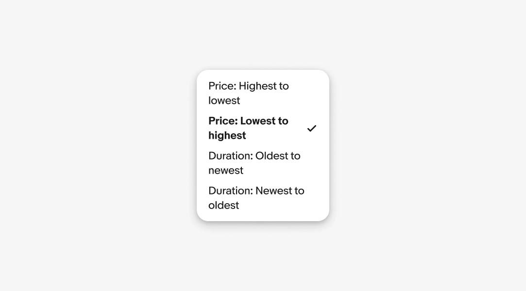 Menu with multi‑line labels demonstrating text overflow; “Price: Lowest to highest” selected; includes price and duration sort options.