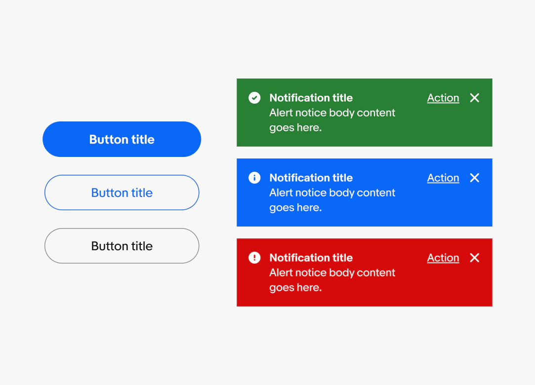 Two columns of components with variants. The left column are button variants, while the right column are alert notice variants.