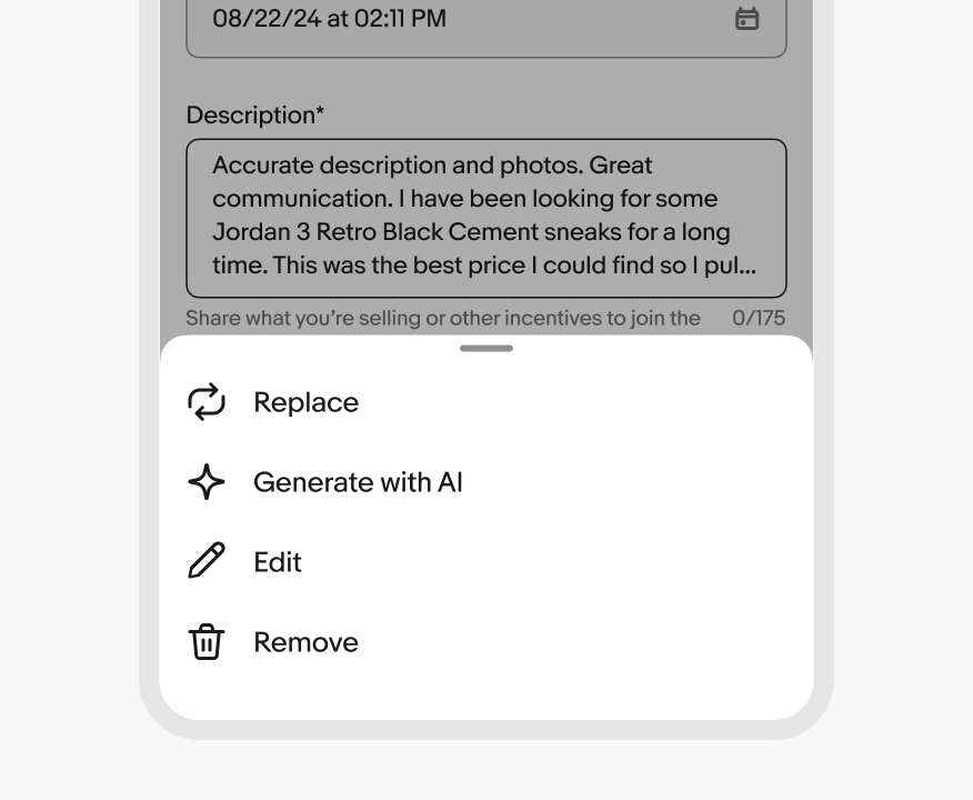Bottom sheet action menu on a mobile form with Replace, Generate with AI, Edit, and Remove (destructive) icons.