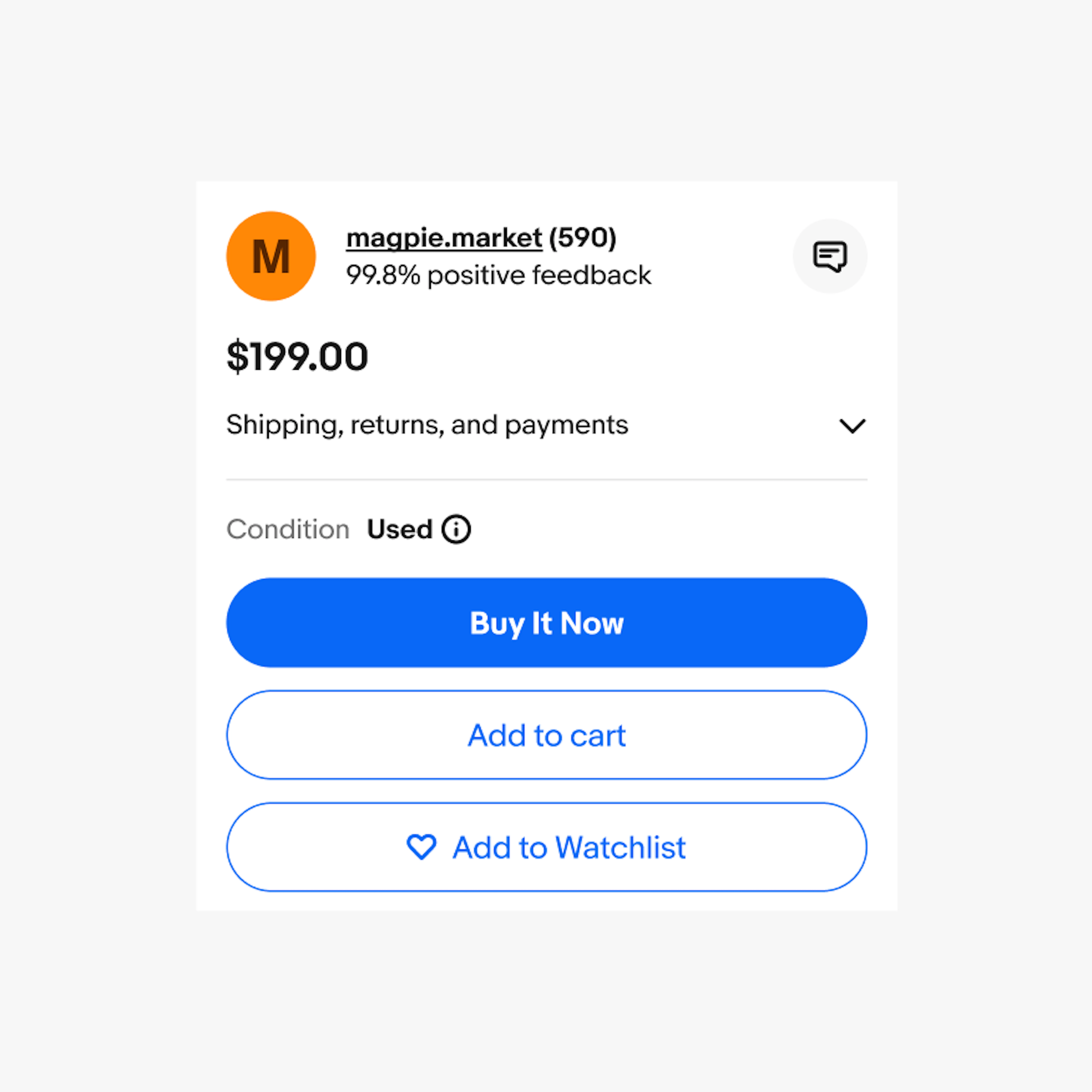 Product purchase card with shipping, returns, and payment details hidden in a collapsed section above purchase buttons.