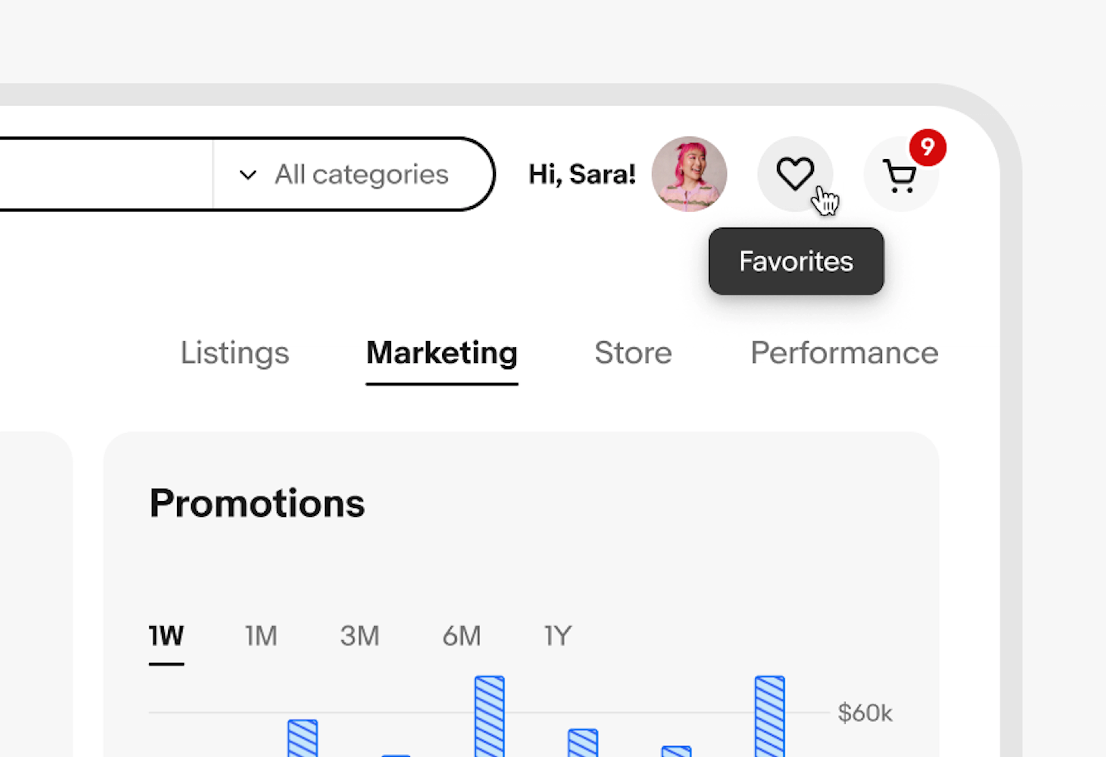 A cursor hovers over a Favorites icon button with a tooltip labelled ‘Favorites’ situated below.