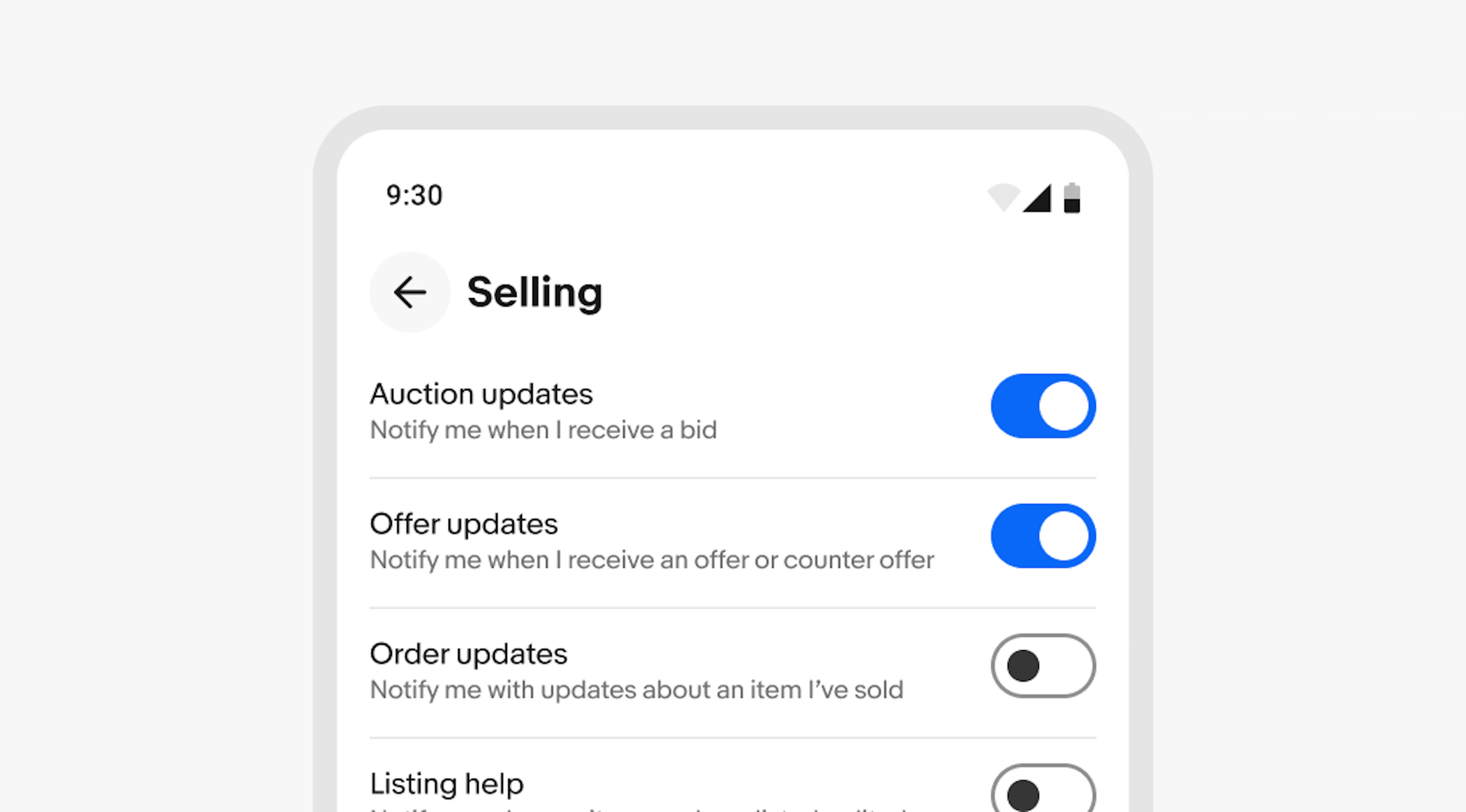 Mobile screen showing "Selling" notifications settings page with four switches: "Auction updates" (on), "Offer updates" (on), "Order updates" (off), and "Listing help" (off, partially visible).