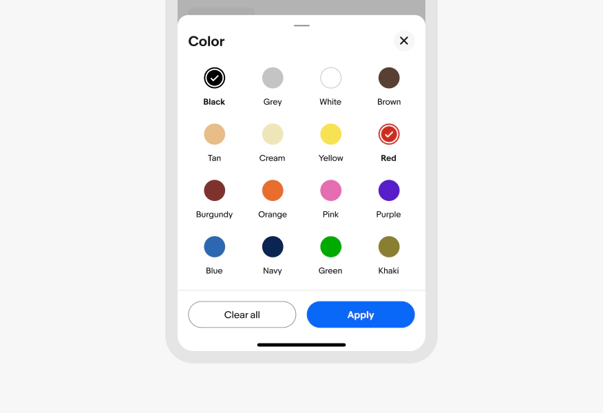Mobile Price filter screen showing quick-select chips (Under $25, $25–$50, Over $50), minimum and maximum dollar input fields, and a histogram bar chart with a dual-handle range slider.
