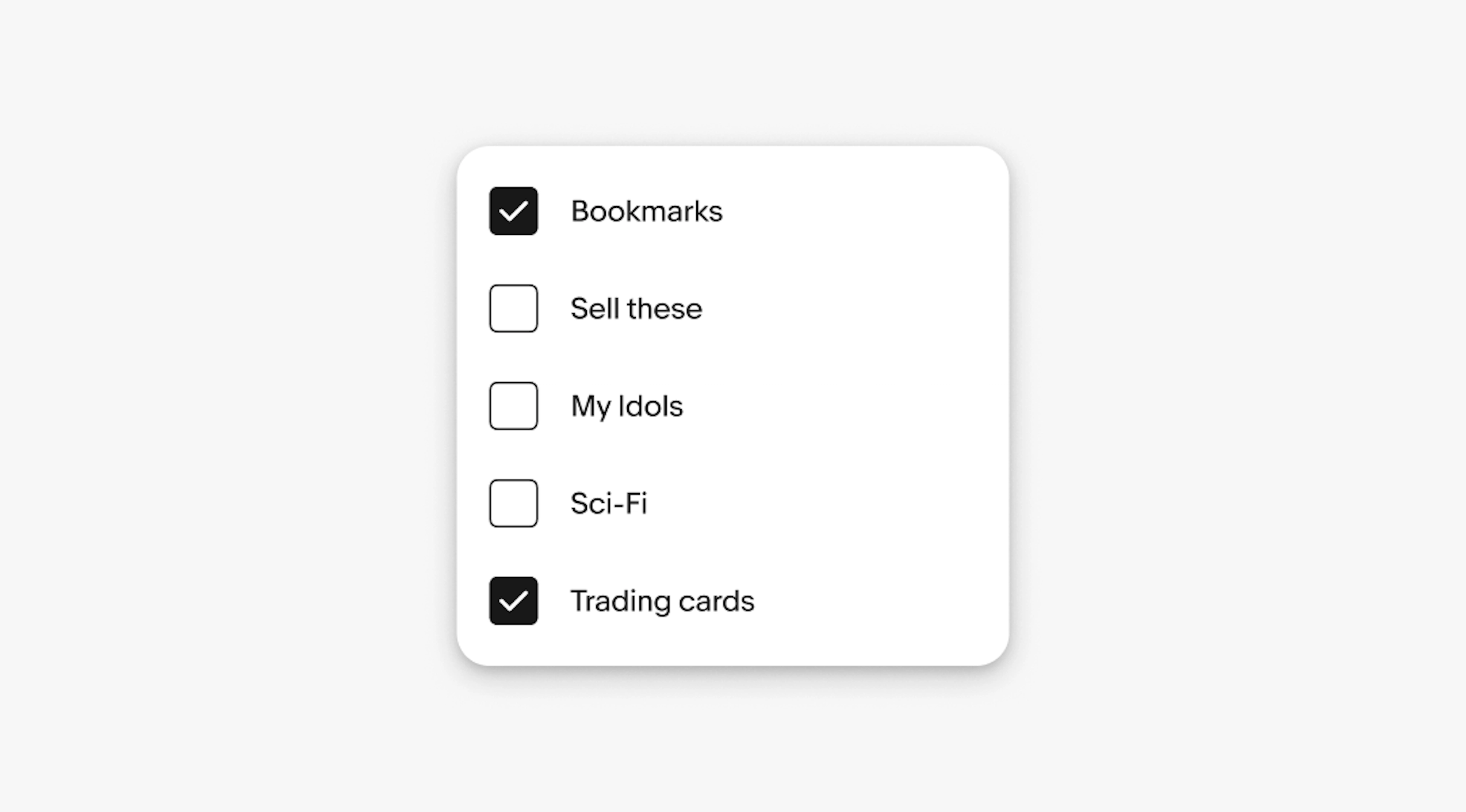 Form dropdowns: multiselect checklist with Bookmarks and Trading cards checked; single‑select radio with Weekly chosen.