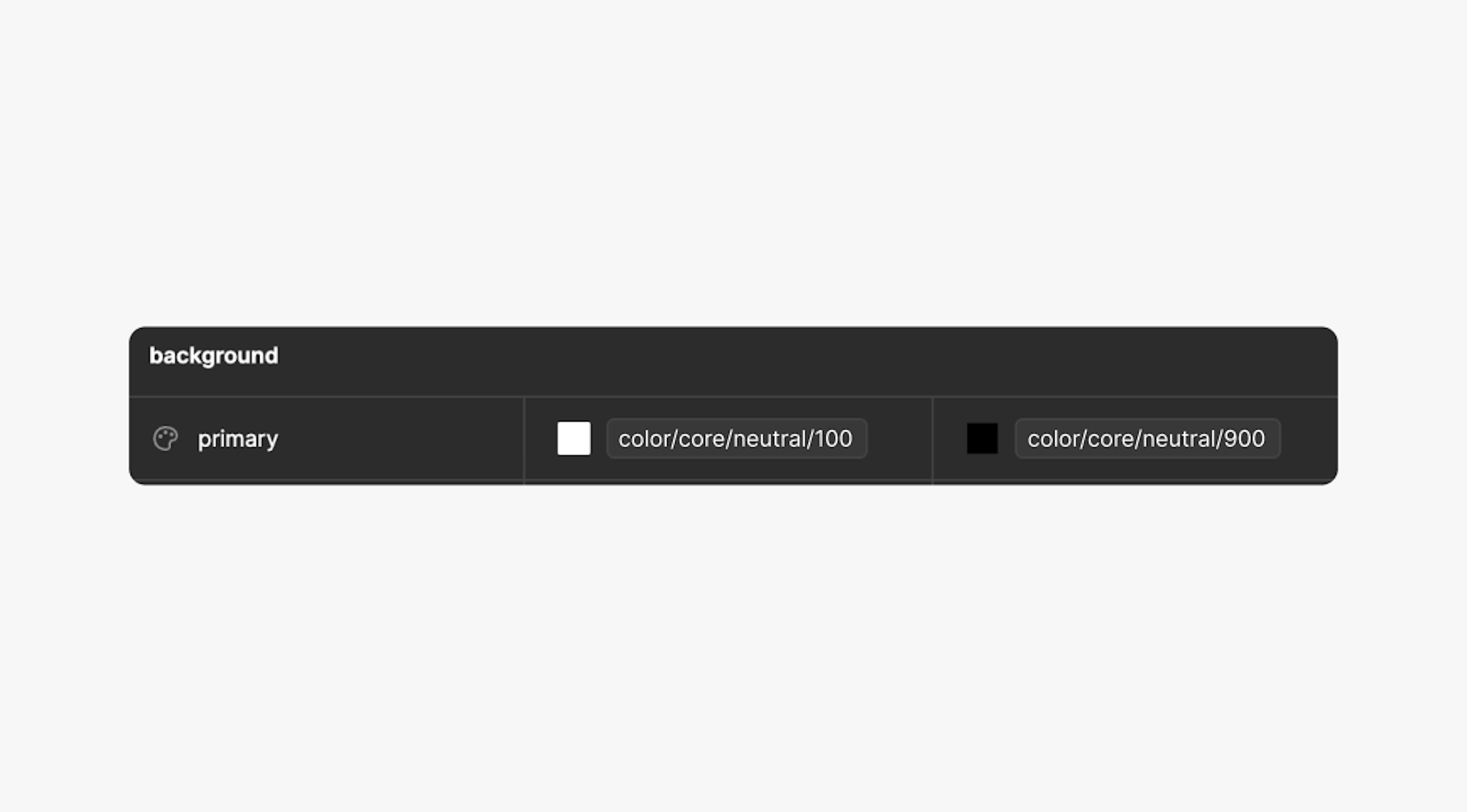 A figma UI graphic highlighting the variable “primary”. Light mode is labeled color/core/neutral/1. Dark mode is labeled color/core/neutral/9.