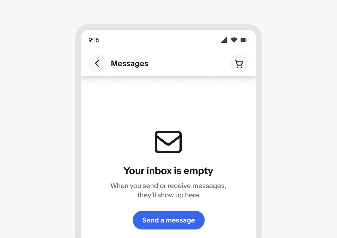 Messages screen showing an empty inbox with an envelope icon, the text "Your inbox is empty," and a "Send a message" button below.