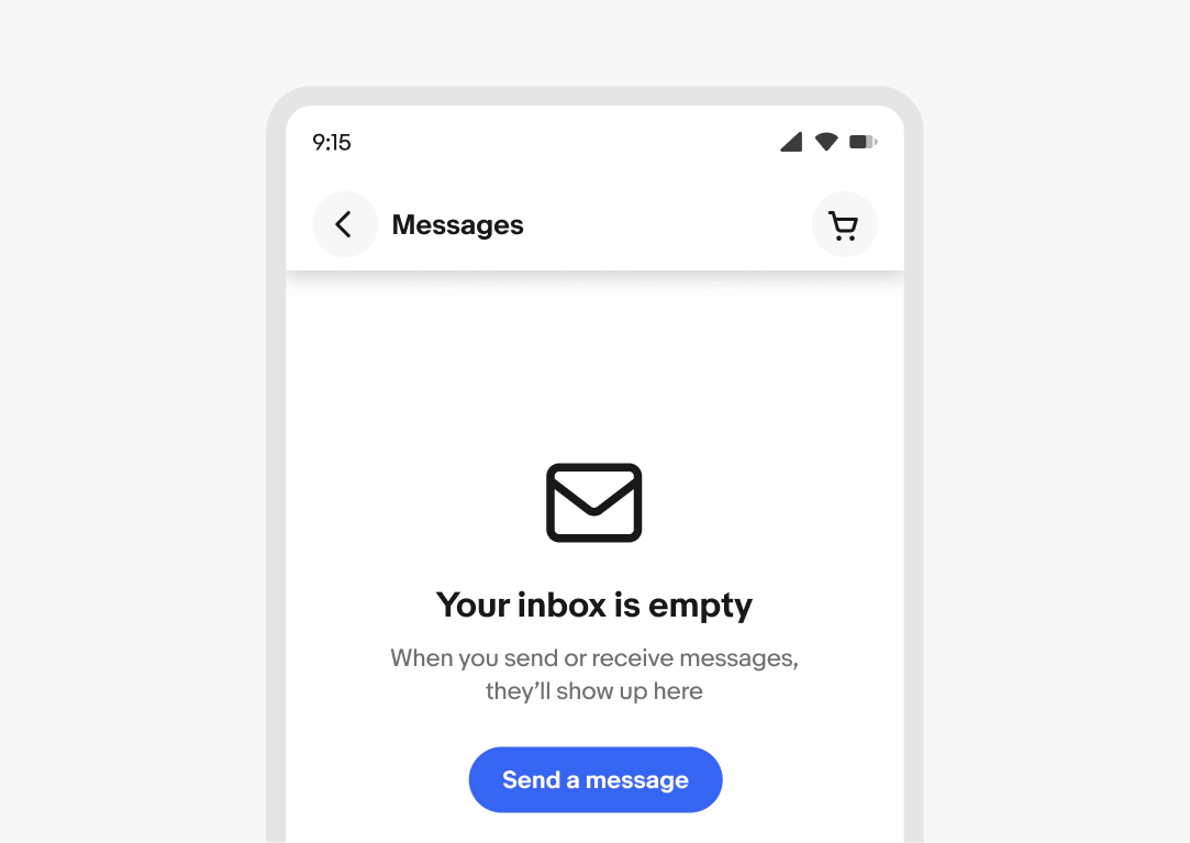 Messages screen showing an empty inbox with an envelope icon, the text "Your inbox is empty," and a "Send a message" button below.