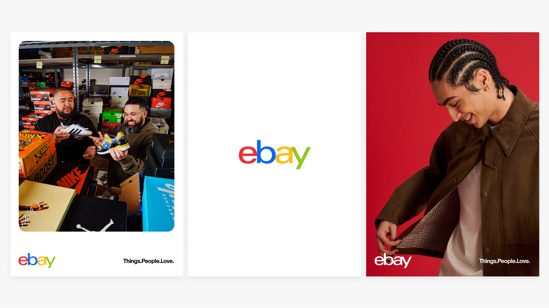 Three compositions showing different ways of using the eBay logo, such as our primary heritage four color logo and a white logo over image.