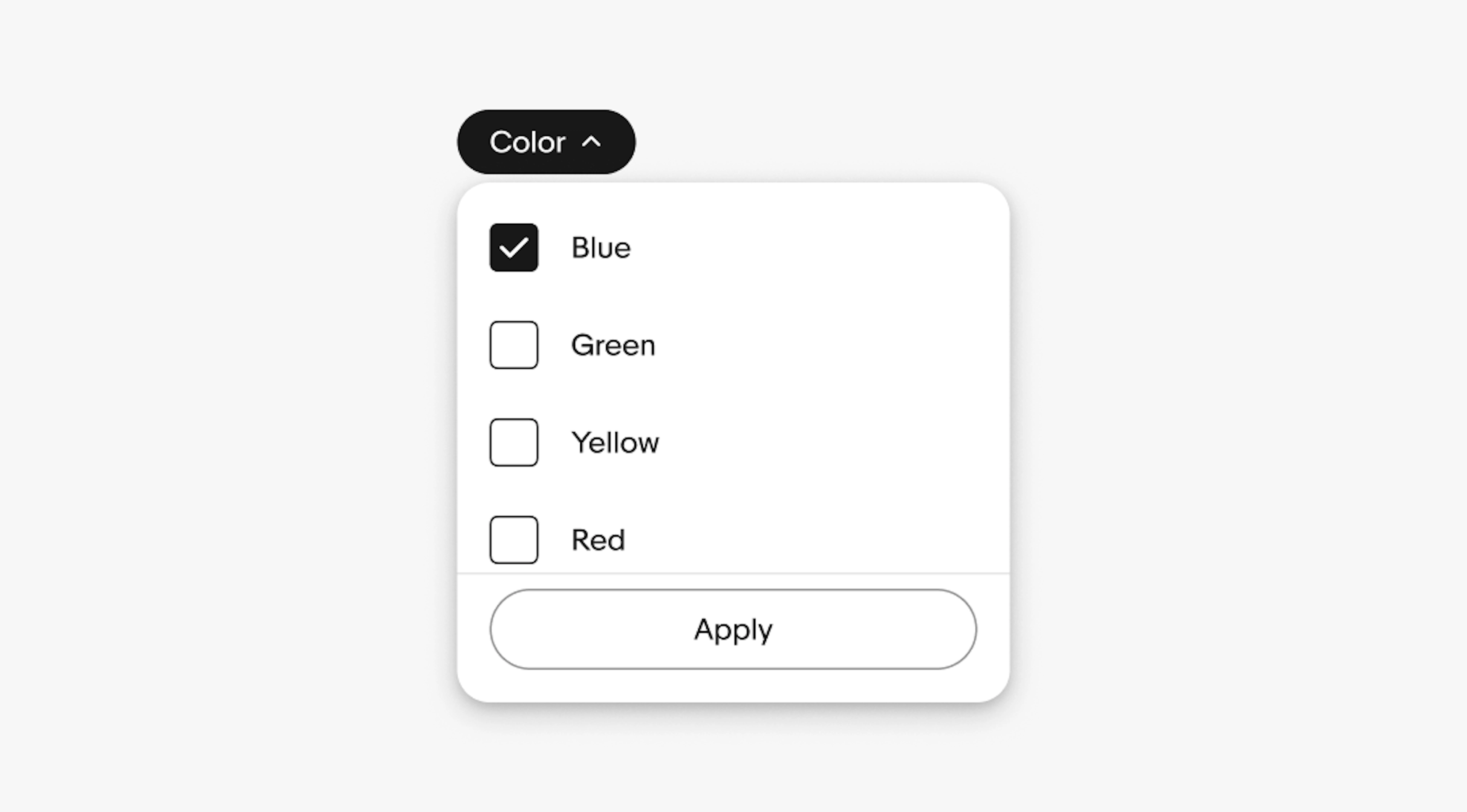 Color filter dropdown with multi-select checkboxes; Blue and White selected, Green, Yellow, and Red unselected.