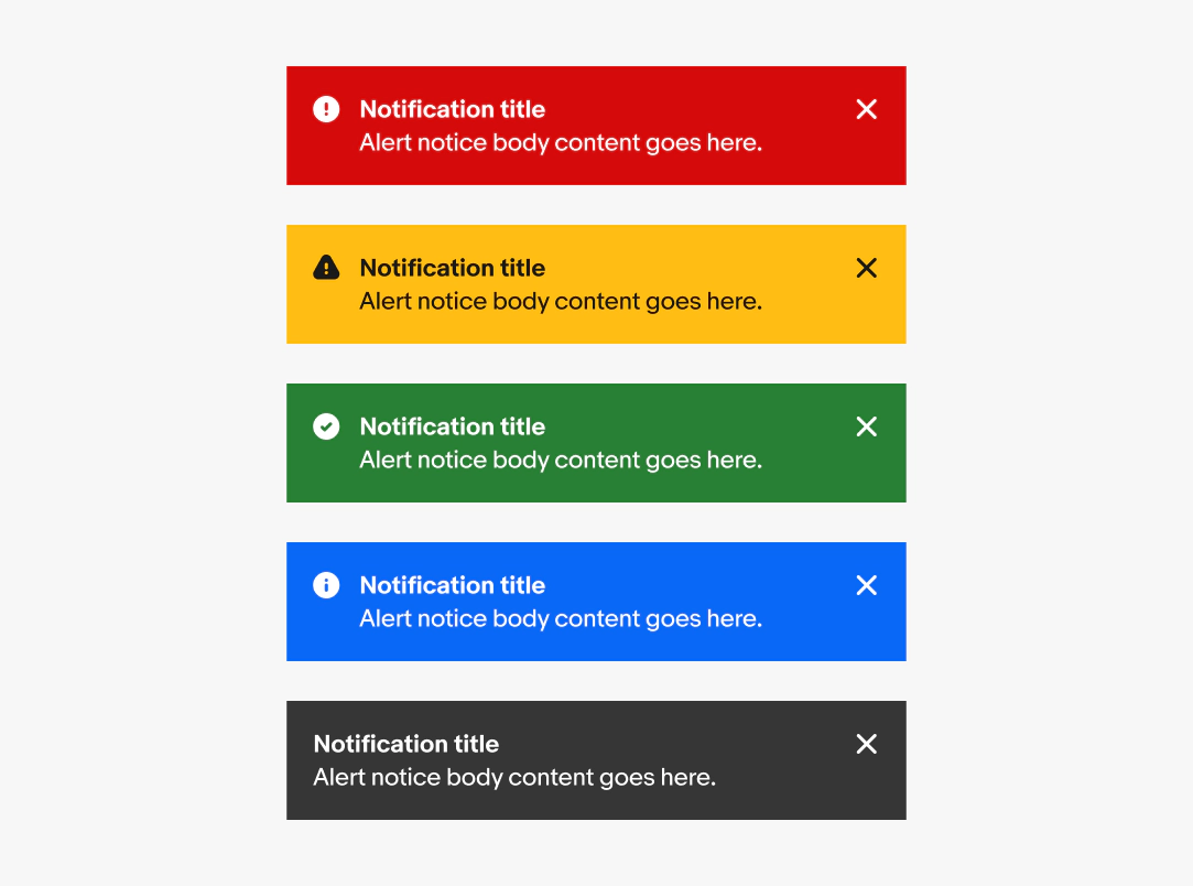 The five variants of page notices including attention, warning, confirmation, information and general.
