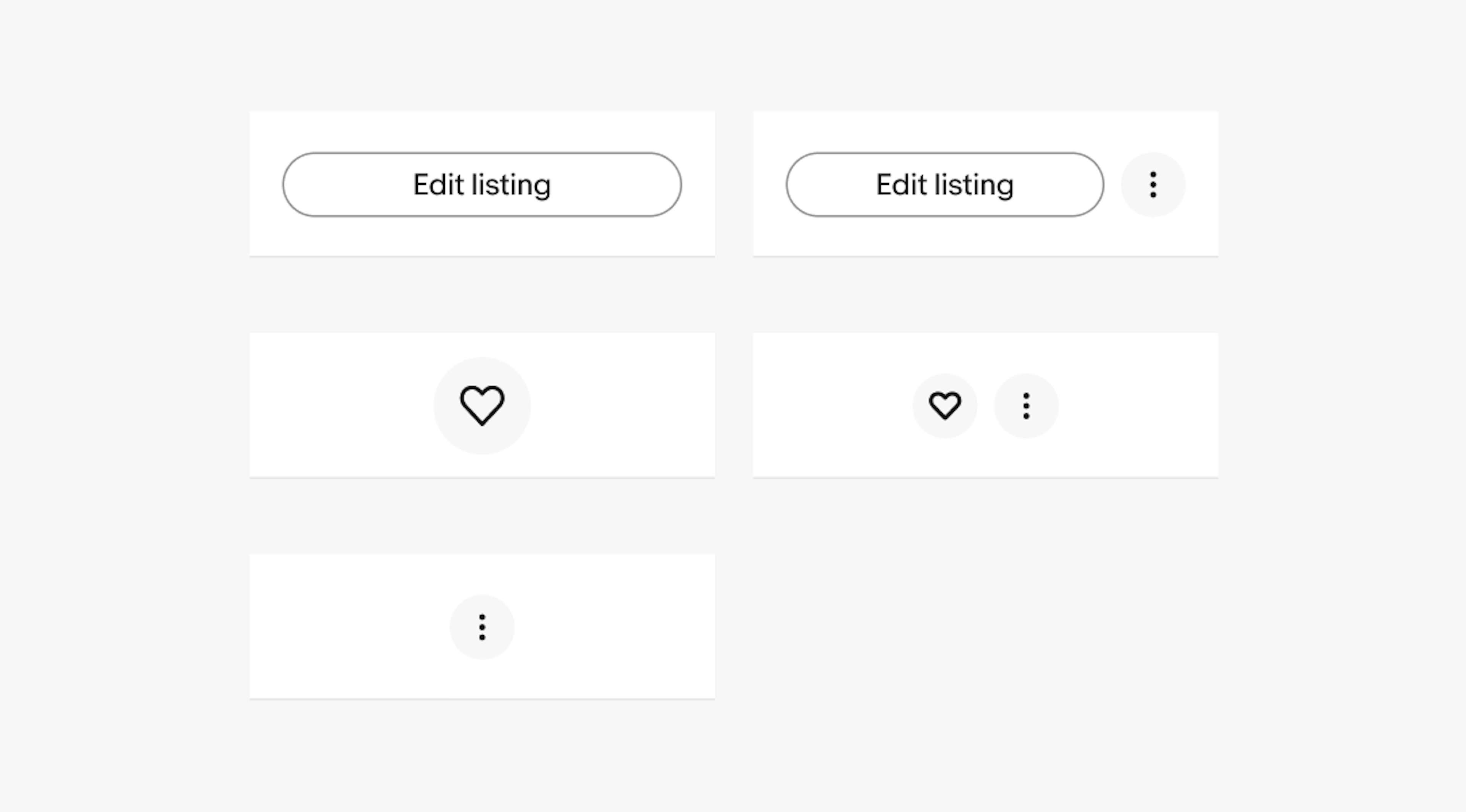 Five button combos are shown for Actions. CTA button, CTA button + overflow button, Icon button, Icon button + overflow button, and overflow button.