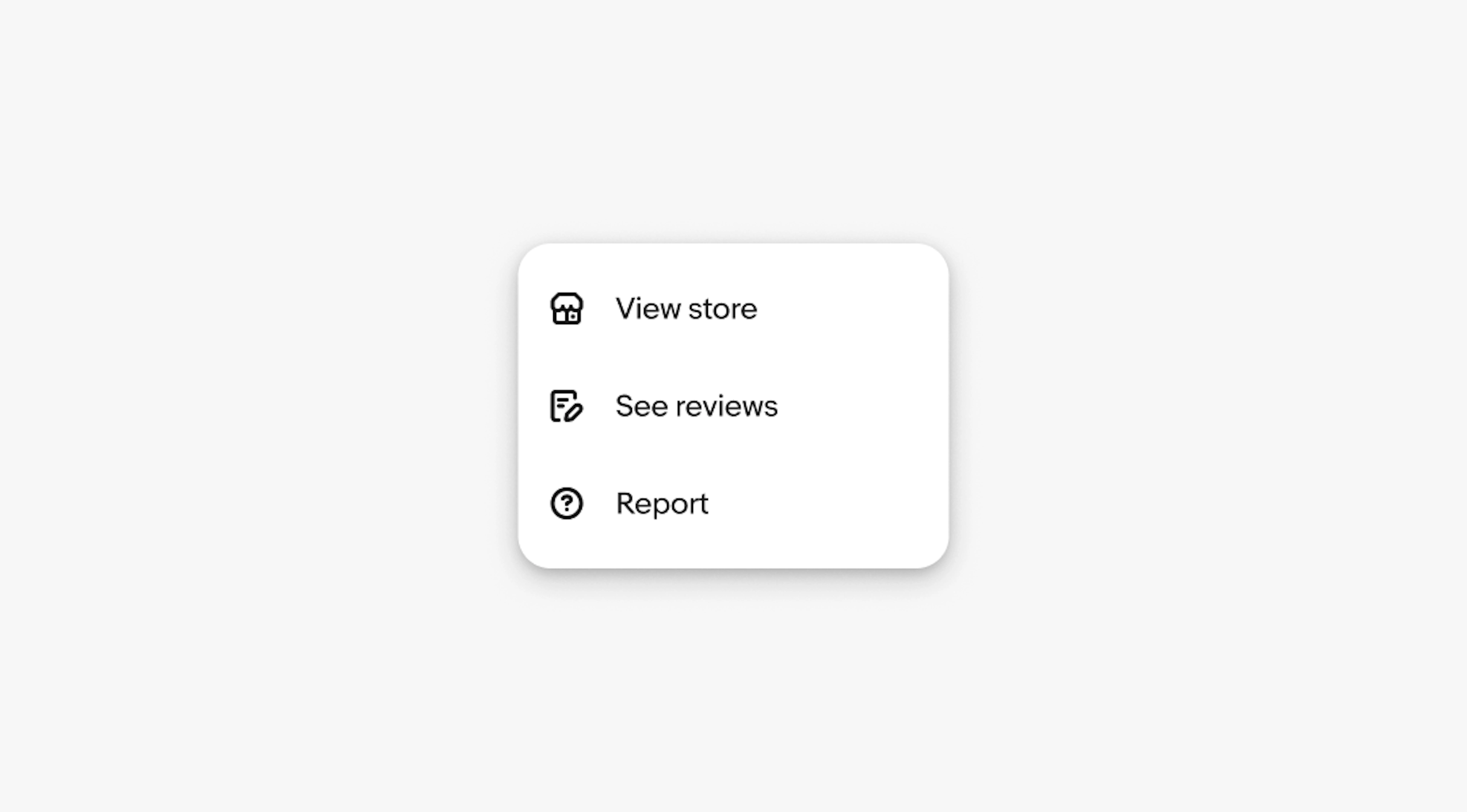Menu with leading icons for Shop similar, View store, Remove, and Report.