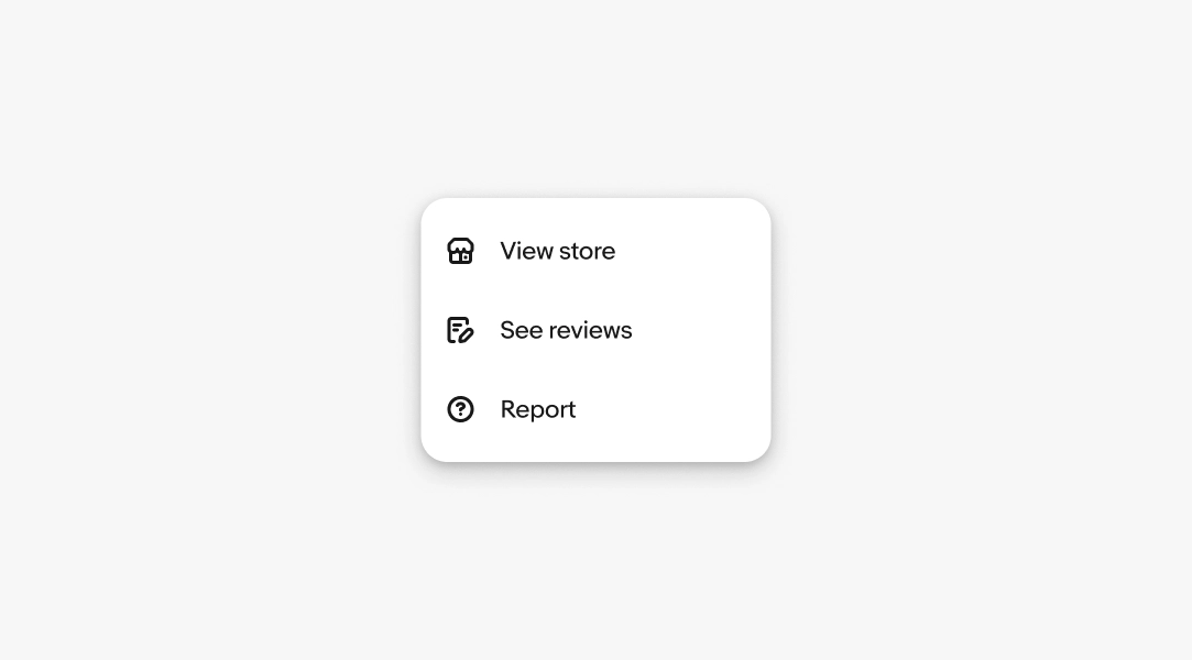 Menu with leading icons for Shop similar, View store, Remove, and Report.
