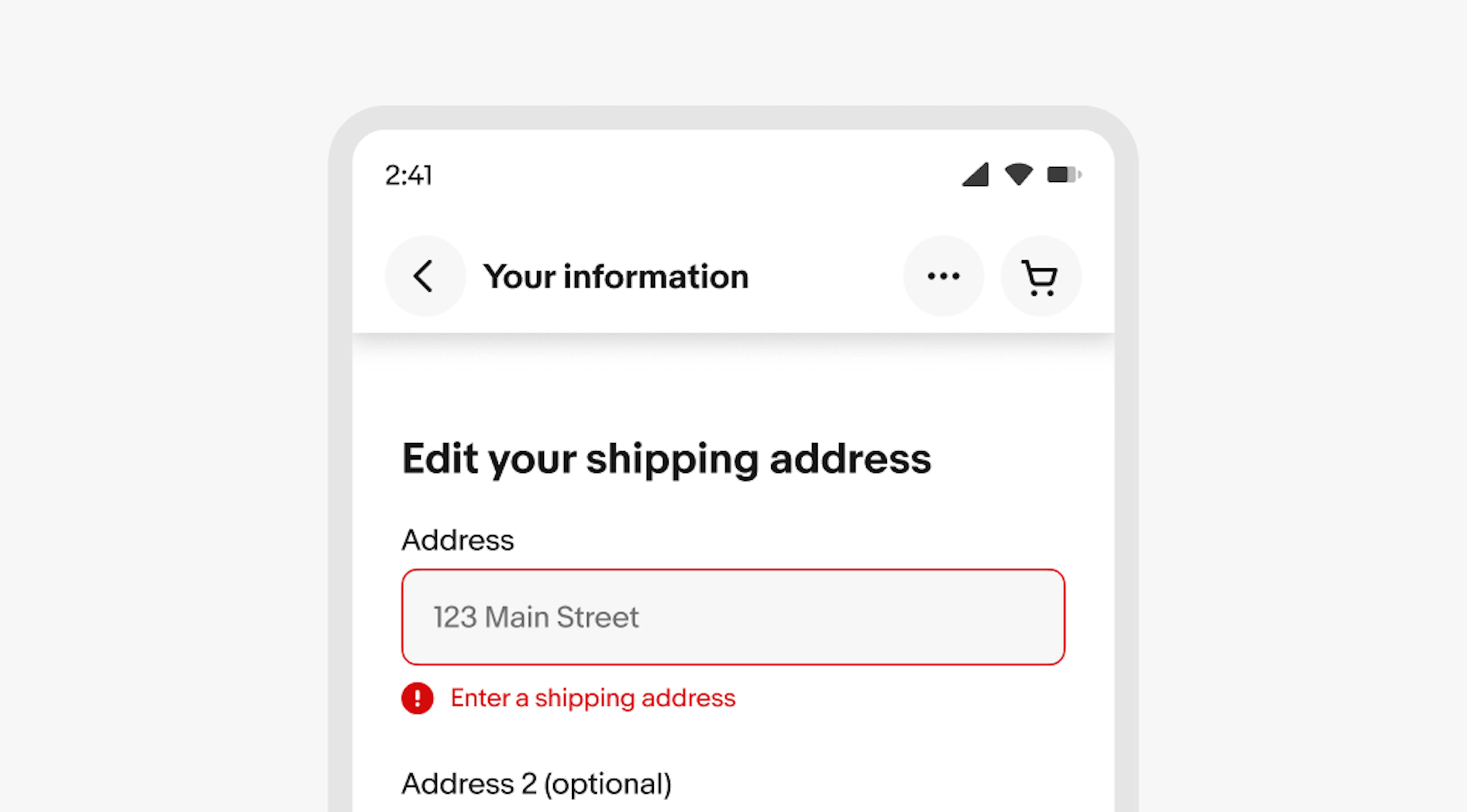 Your information page with a blank input field for the address displaying the input field's error state. Below is red text, "This field is required"T