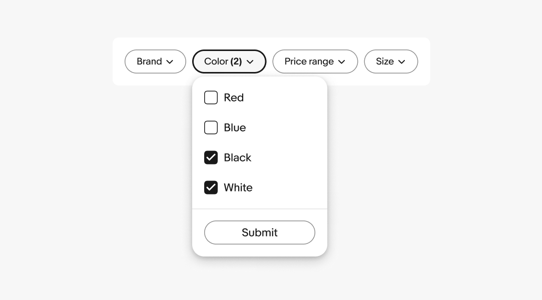 Four dropdown quick filters: Brand, Color, Price range, and Size. Color is in a selected state with a counter of 2 and a dropdown of 4 options with checkboxes: Red, Blue, Black and White. Black and White are both selected. There is an apply button in the footer.