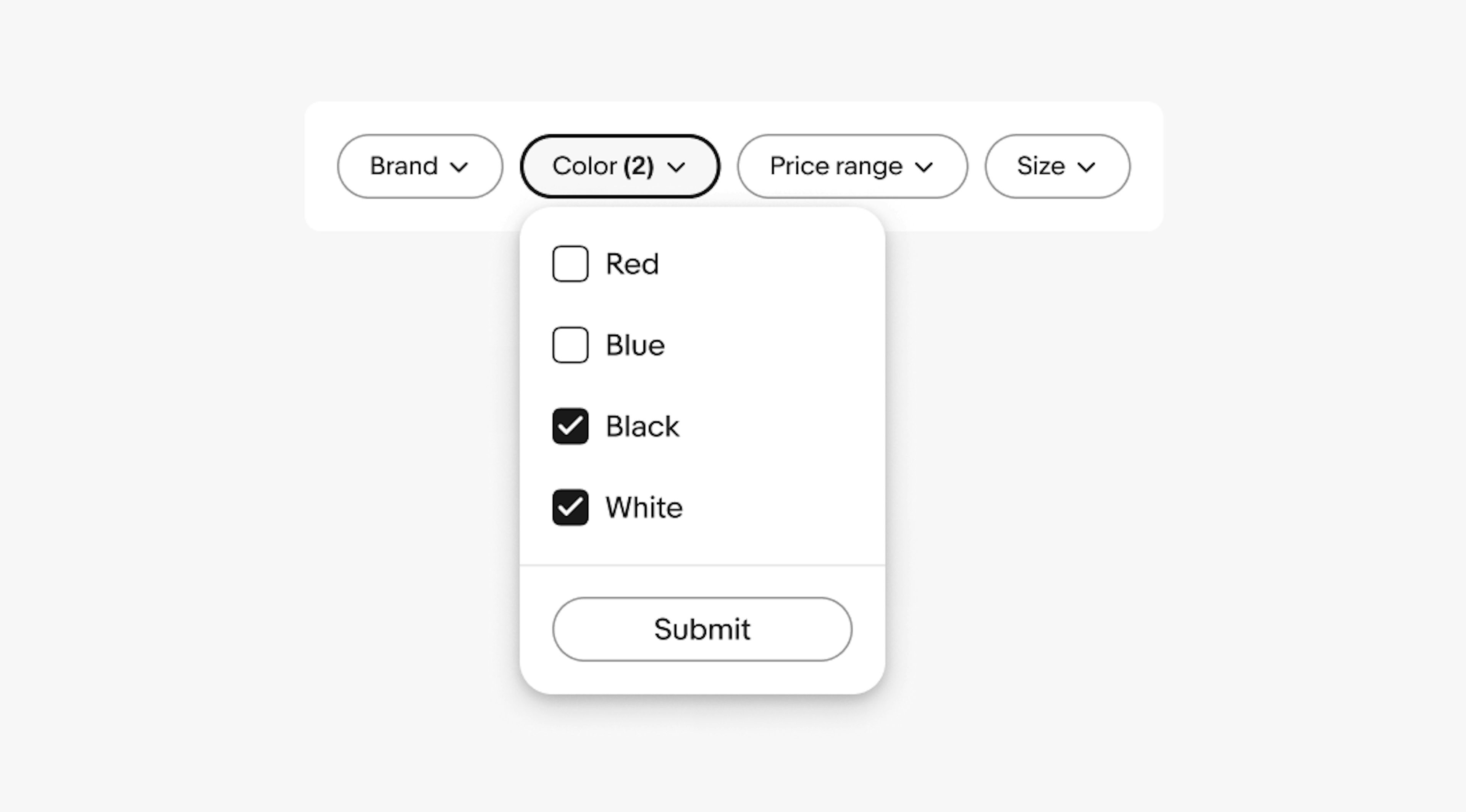 Four dropdown quick filters: Brand, Color, Price range, and Size. Color is in a selected state with a counter of 2 and a dropdown of 4 options with checkboxes: Red, Blue, Black and White. Black and White are both selected. There is an apply button in the footer.