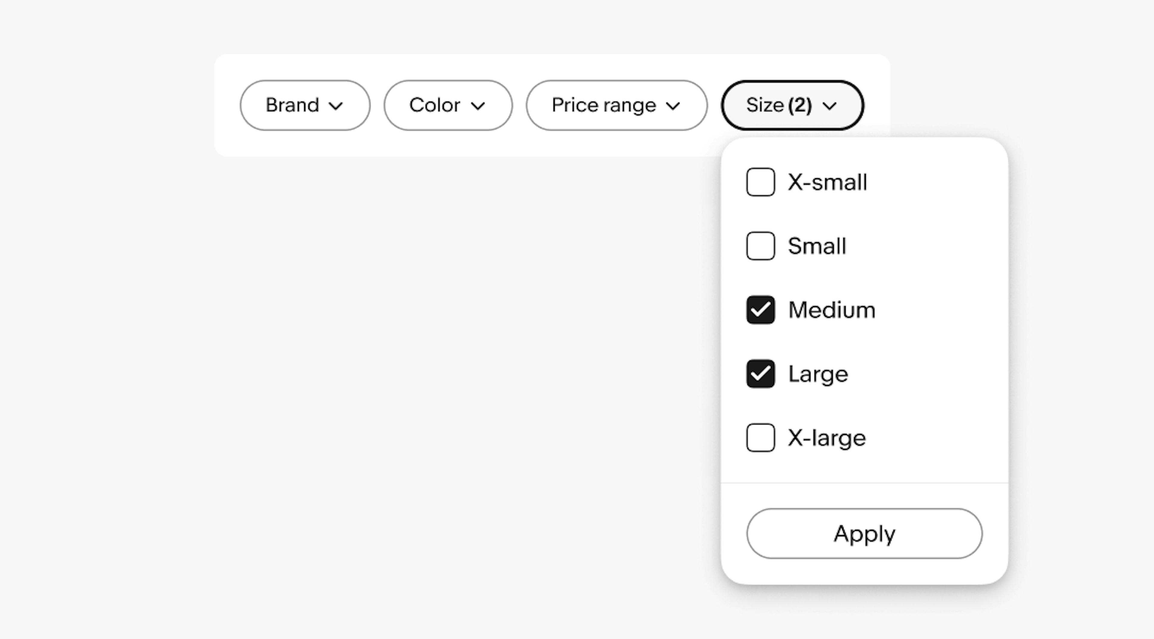 Four dropdown quick filters: Brand, Color, Price range, and Size. Size is in a selected state with a counter of 2 and a dropdown of 5 options with checkboxes: X-small, Small, Medium, Large, and X-large. Medium and Large are both selected. There is an apply button in the footer.