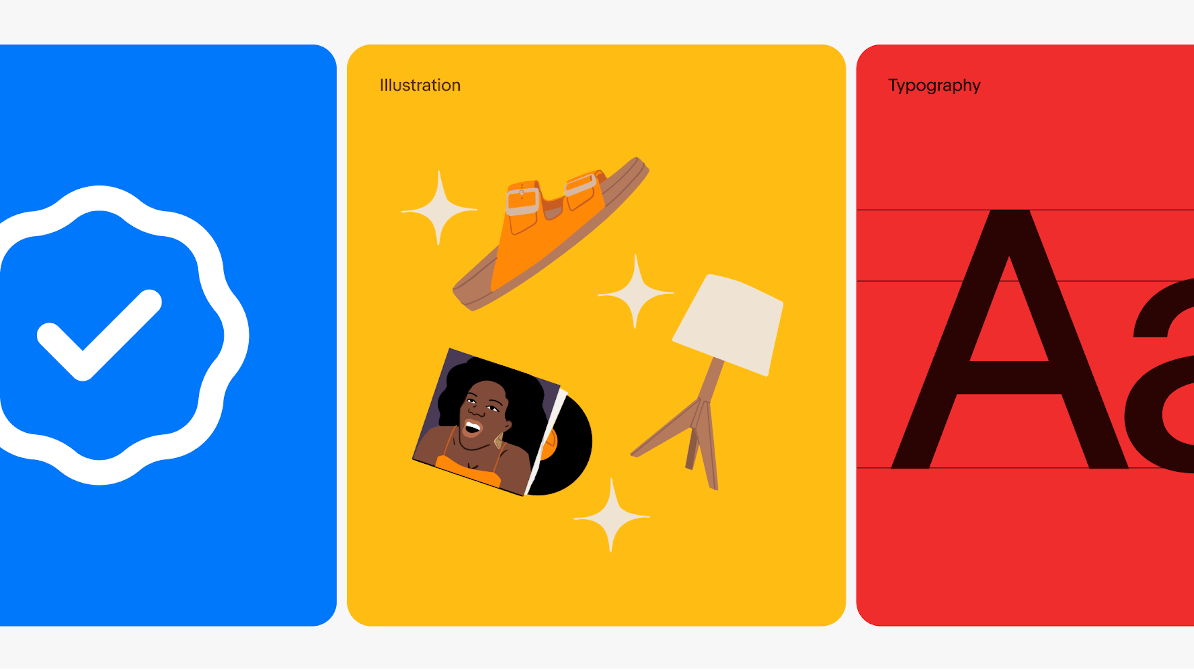 Three large colorful tiles highlighting iconography, illustration, and typography in color.