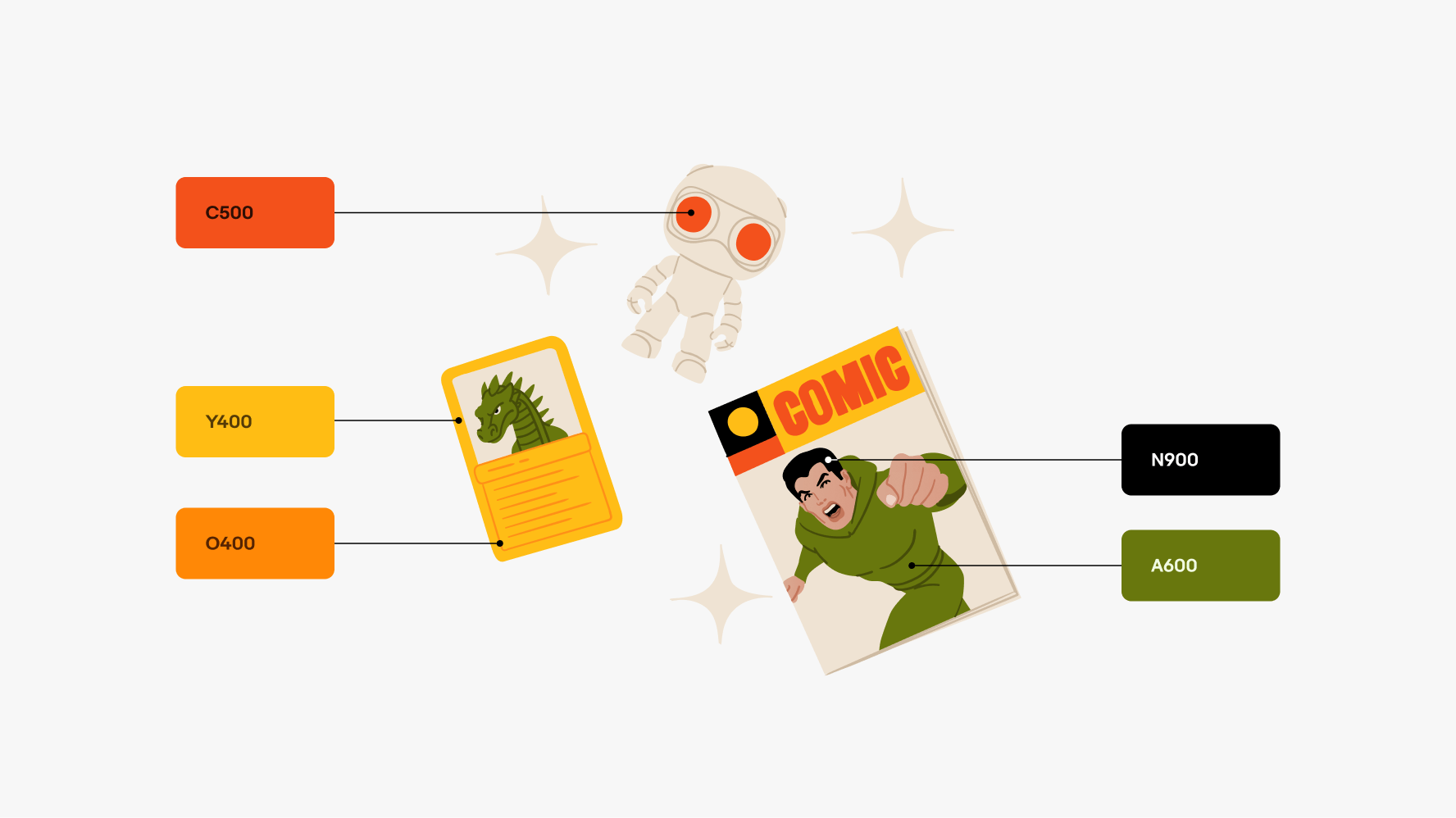 A group of objects illustrated in the eBay-approved illustration palette. Five colors are highlighted left to right: C500, Y400, O400, N900, A600.