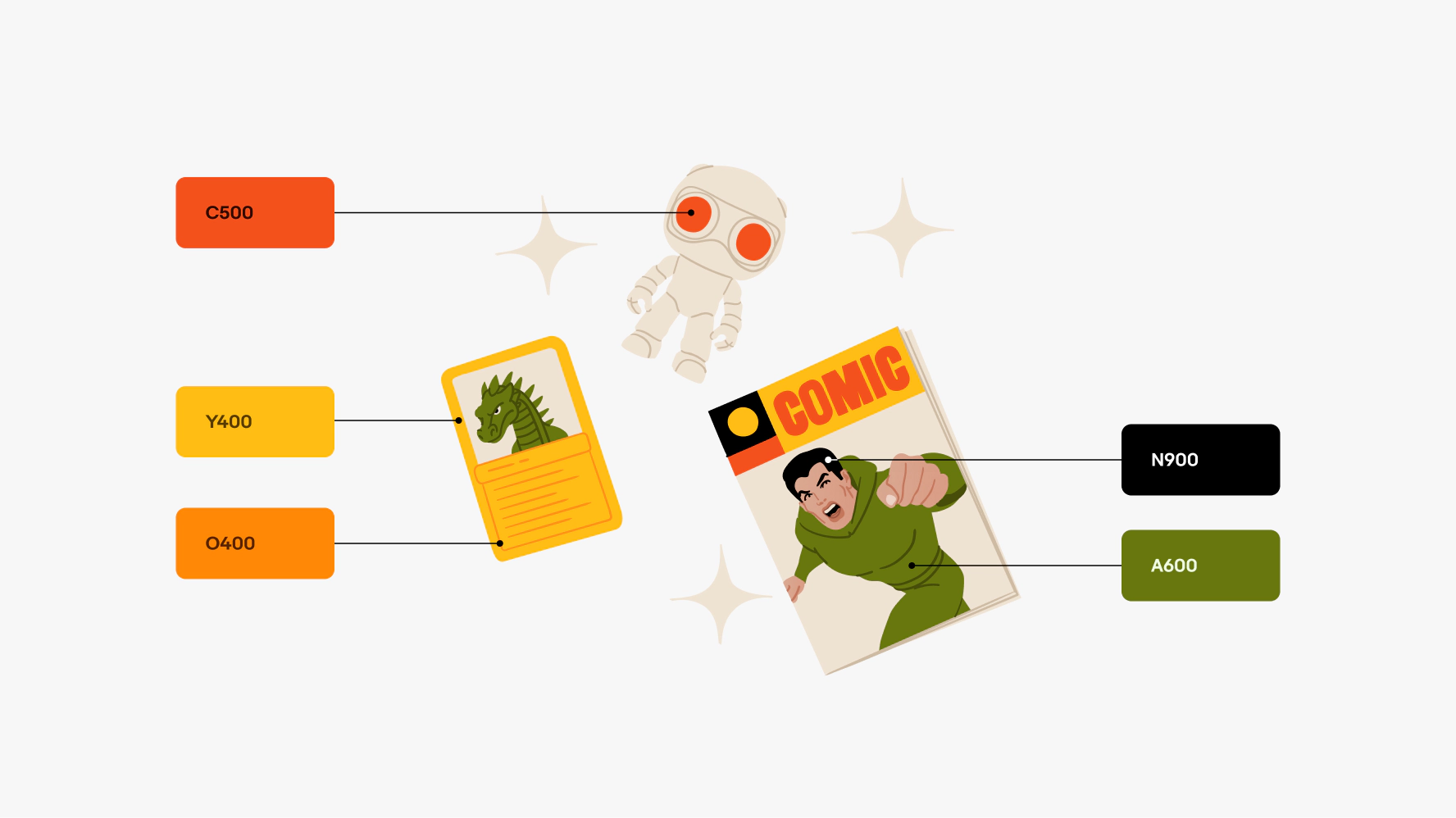 A group of objects illustrated in the eBay-approved illustration palette. Five colors are highlighted left to right: C500, Y400, O400, N900, A600.