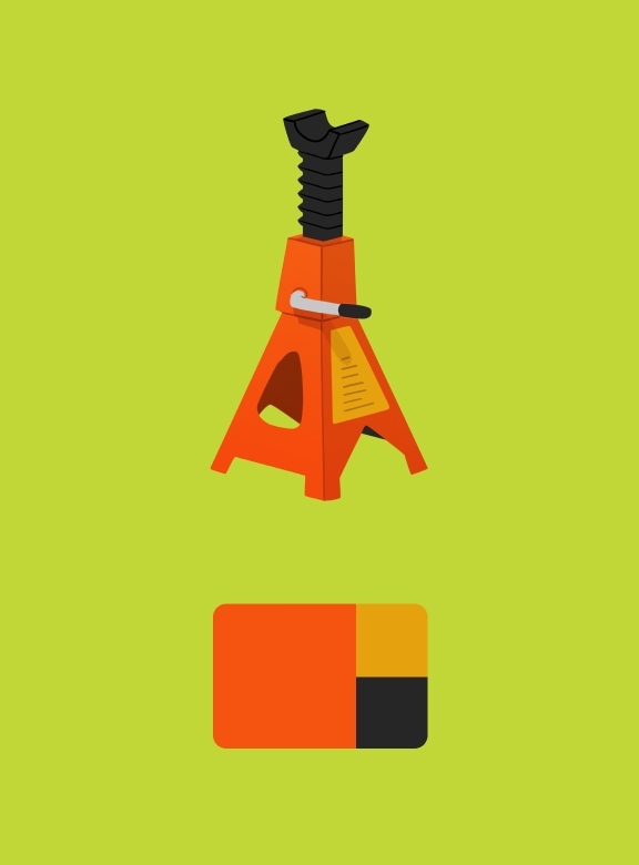 A car jack illustrated against an avocado background. The colors used in this illustration are highlighted in a tile below: coral, yellow, and black.
