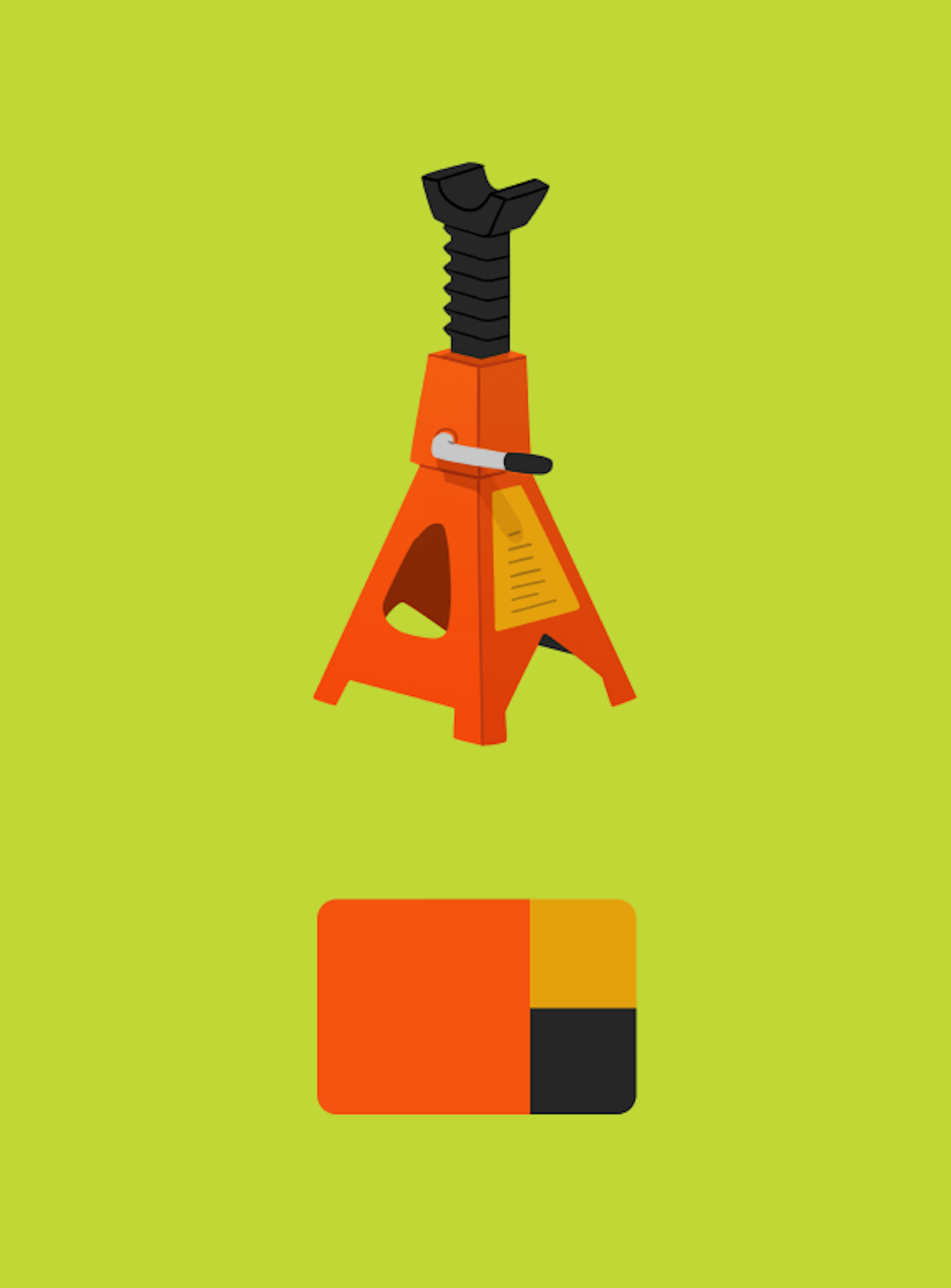A car jack illustrated against an avocado background. The colors used in this illustration are highlighted in a tile below: coral, yellow, and black. 