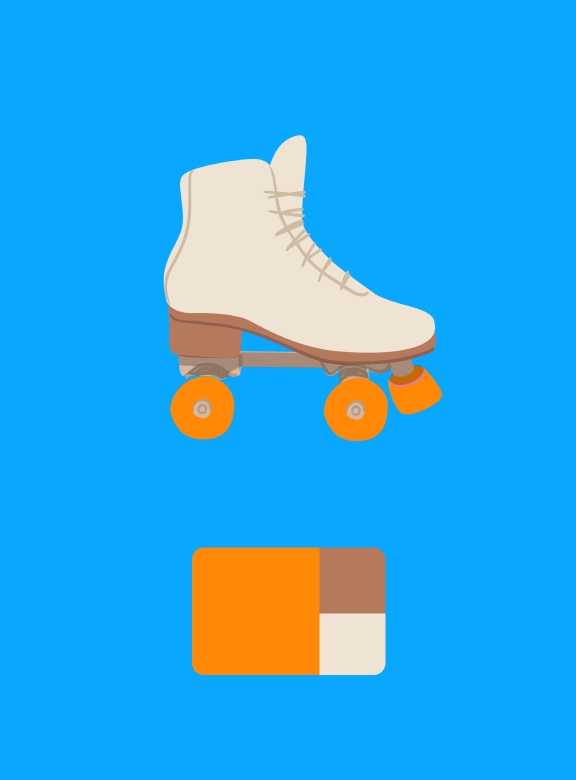 A roller skate illustrated against a blue background. The colors used in this illustration are highlighted in a tile below: Orange, brown, and light gray.