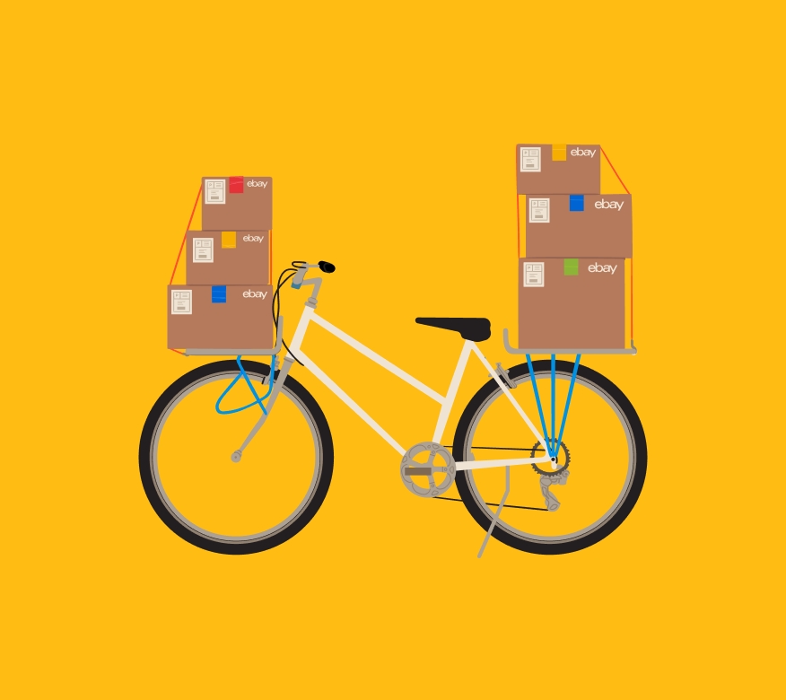 A bike with 6 eBay cardboard boxes attached to the bicycle is illustrated on a yellow background.