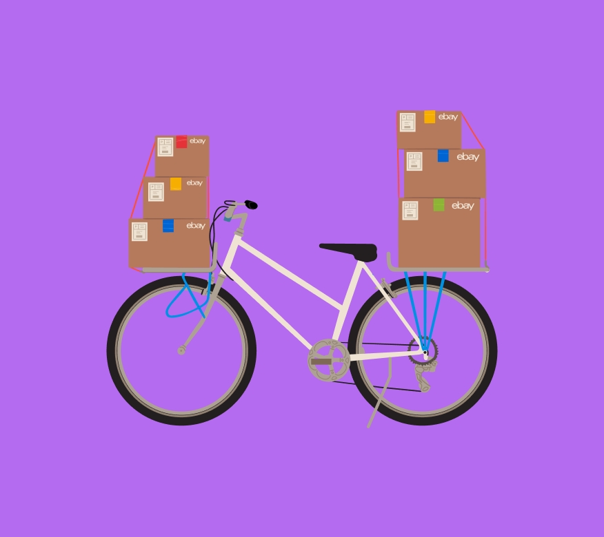 A bike with 6 eBay cardboard boxes attached to the bicycle is illustrated on a purple background.