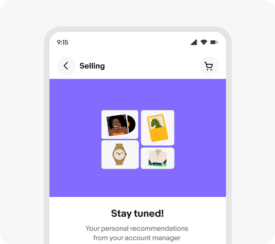 An empty state illustration in the eBay app on a purple background.