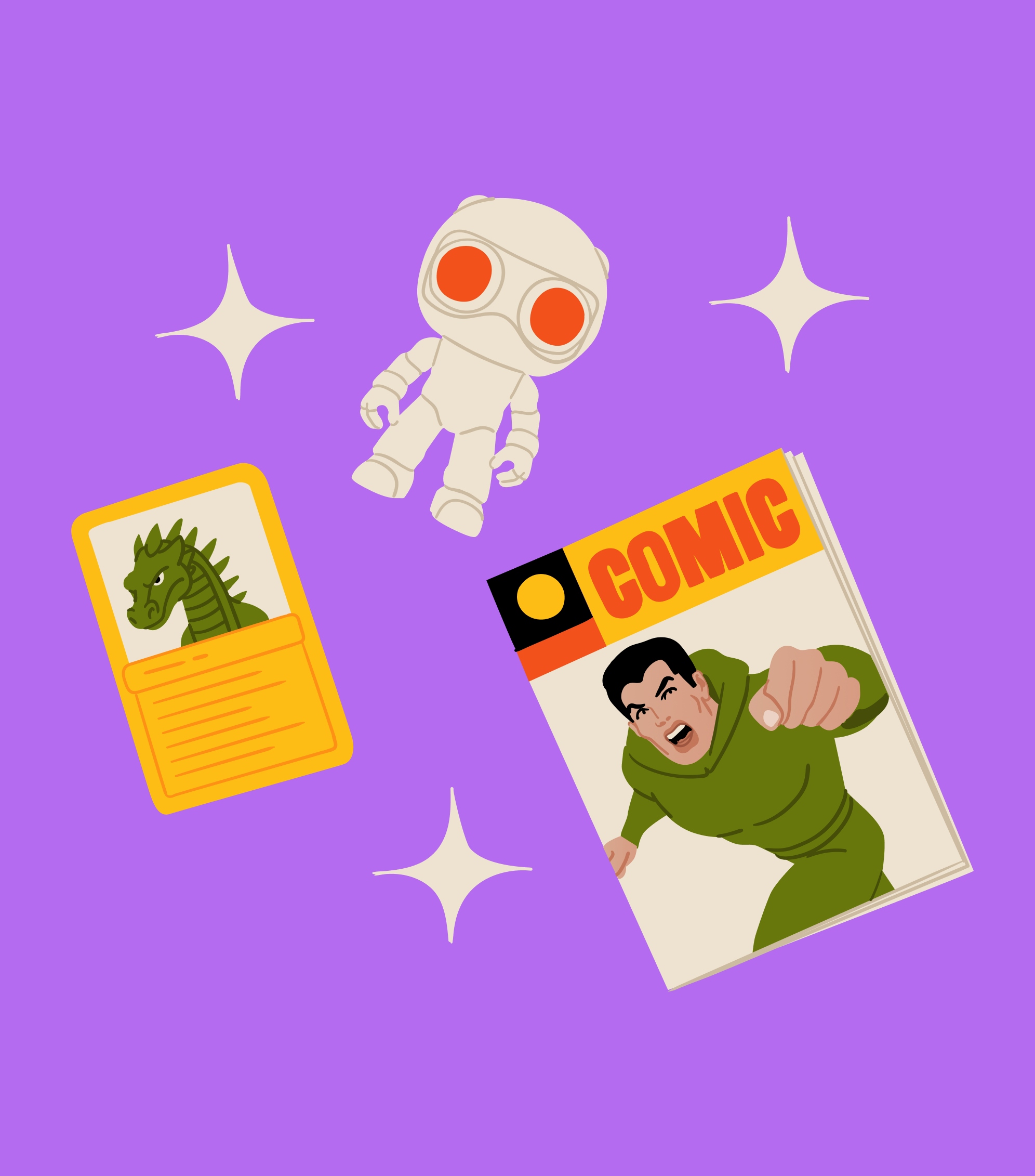 A floating set of collectible illustrations over a lilac background.
