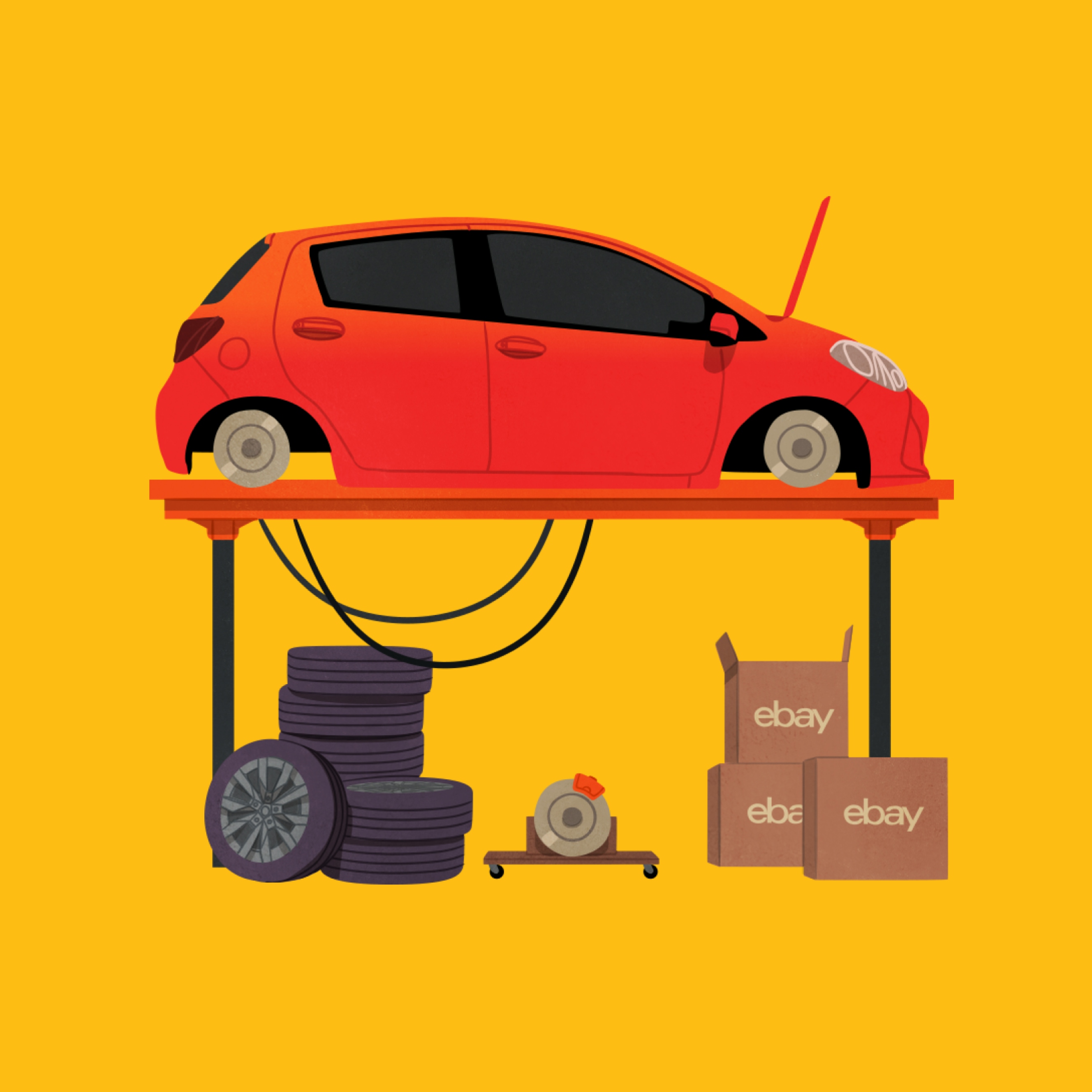 An illustration of a car up on a lift with parts and eBay boxes below it over a yellow background.