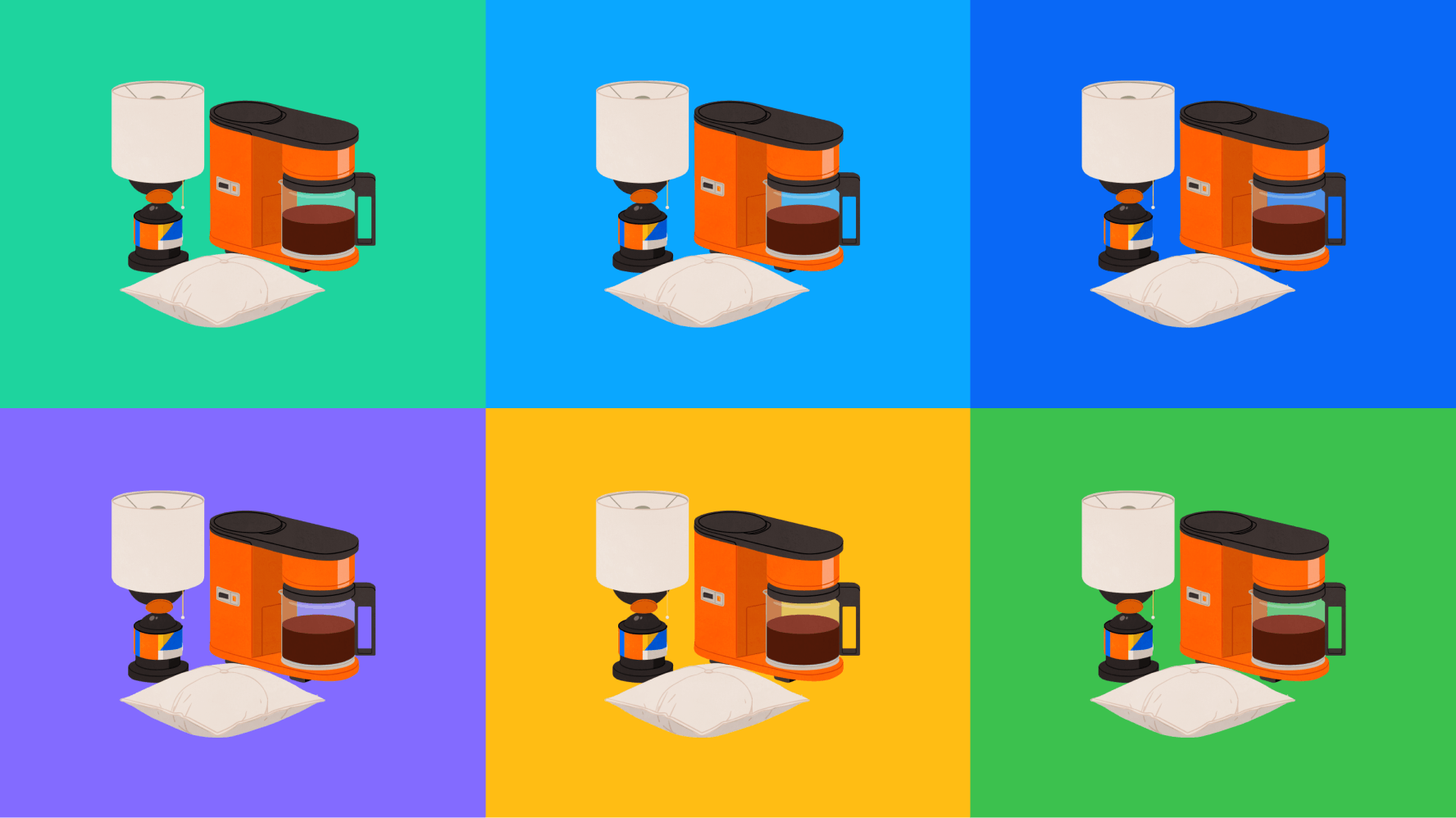 A group of home goods illustrated over different background colors.