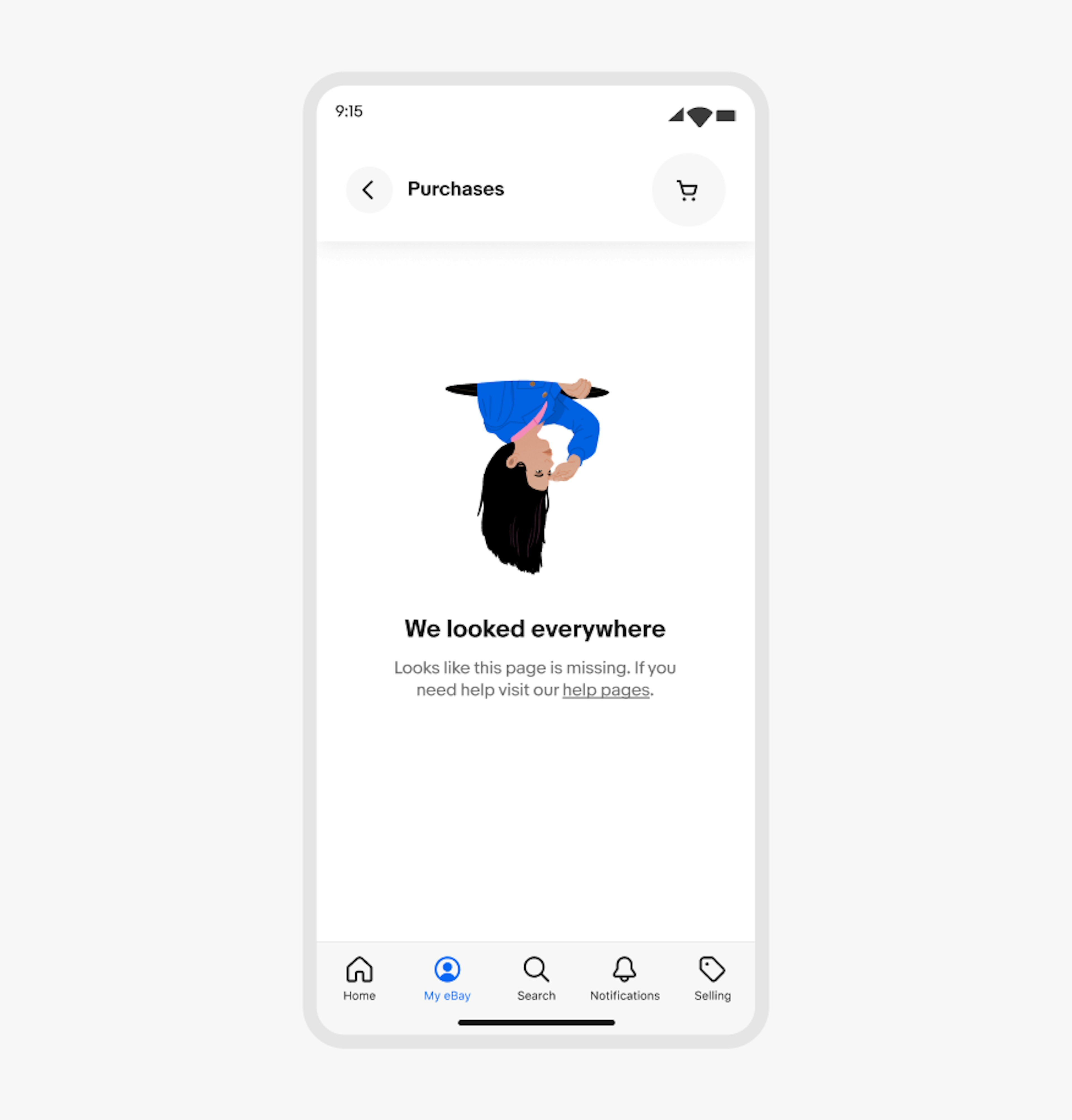A 404 state in light mode showing a person upside down wearing a blue sweater in an illustrated style. The person is emerging from a hole, and looking out into the distance. 