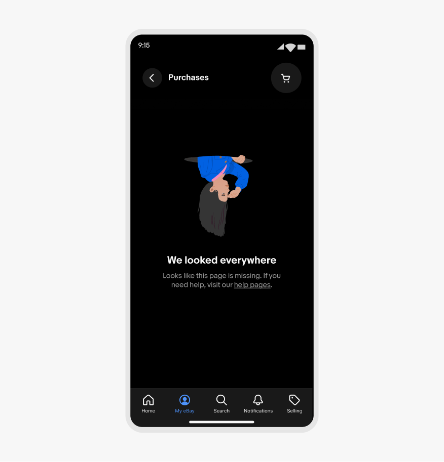 An 404 state in dark mode showing a person upside down wearing a blue sweater in an illustrated style. The person is emerging from a hole, and looking out into the distance.