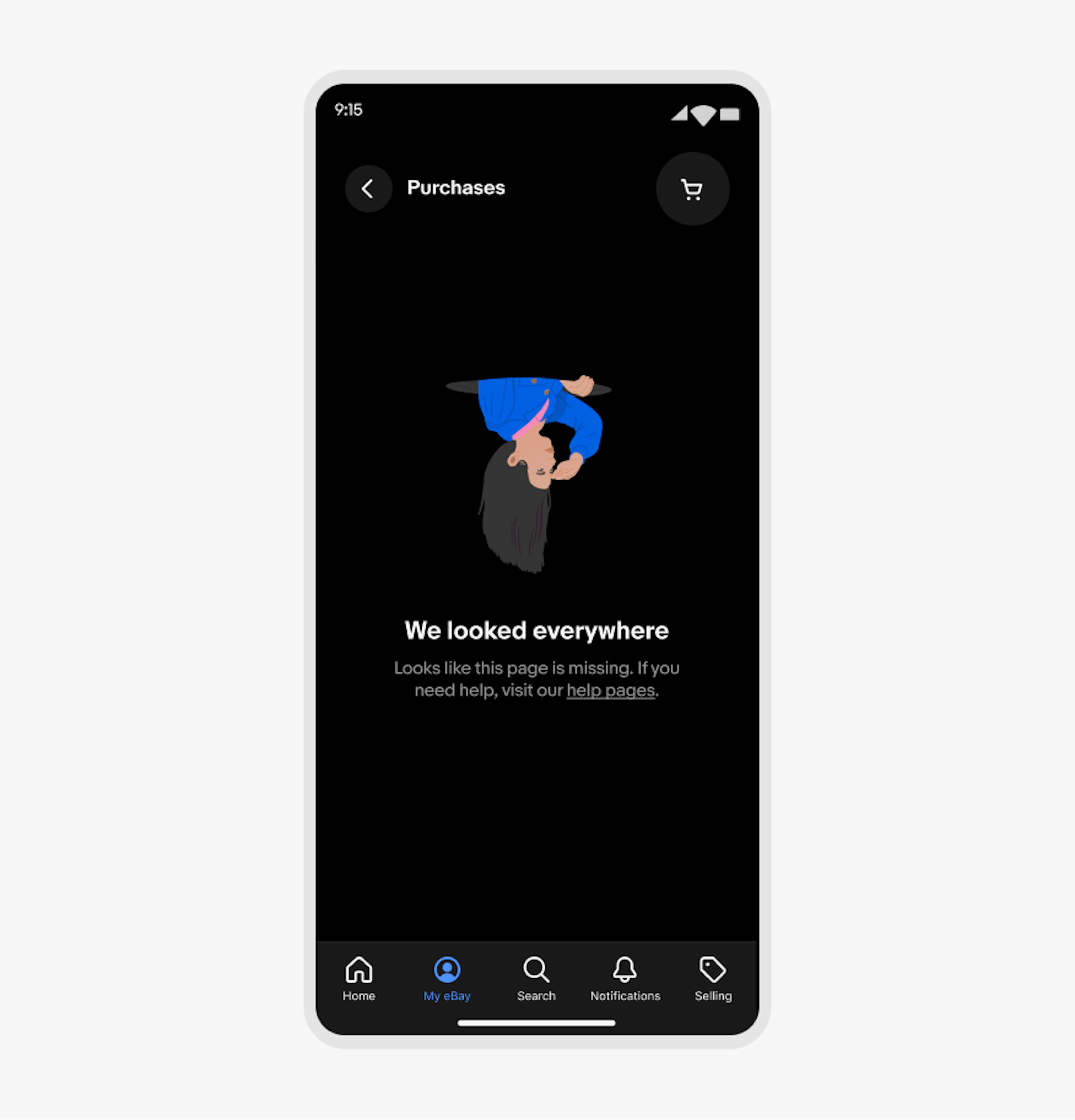 An 404 state in dark mode showing a person upside down wearing a blue sweater in an illustrated style. The person is emerging from a hole, and looking out into the distance. 