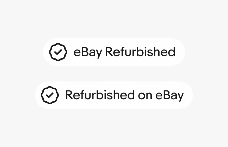 Two stacked single line outlined refurbished badges. The top reads “eBay Refurbished” and the bottom reads “Refurbished on eBay”.