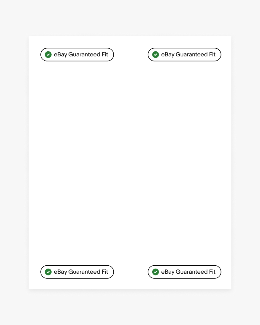 UI badges with a green filled eBay Guaranteed Fit icon in each corner of a UI layout.