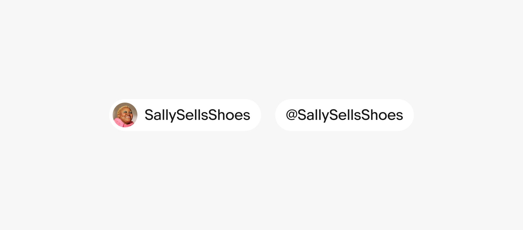Two white containers of influencer handles. The one on the left has an avatar of the influencer. The right is text only.