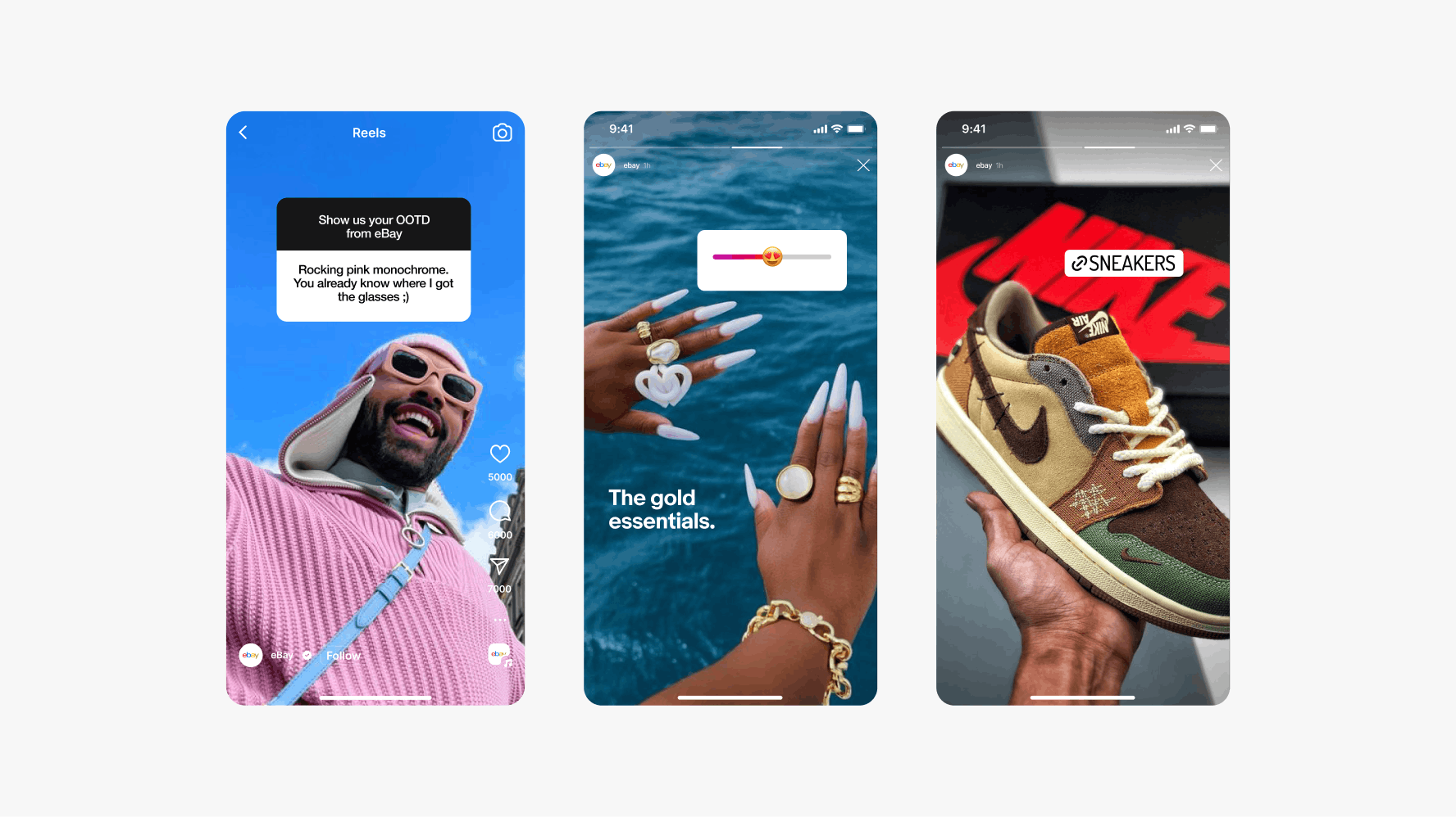 Three mobile screens with full bleed images. The first is a reel of a man wearing pink and looking down into the camera with a AMA sticker. The second is a story of a woman holding her hands with long nails, gold rings and bracelets above water with an emoji slide sticker. The last is a story of a hand holding a sneaker in front of a Nike box with a link sticker.