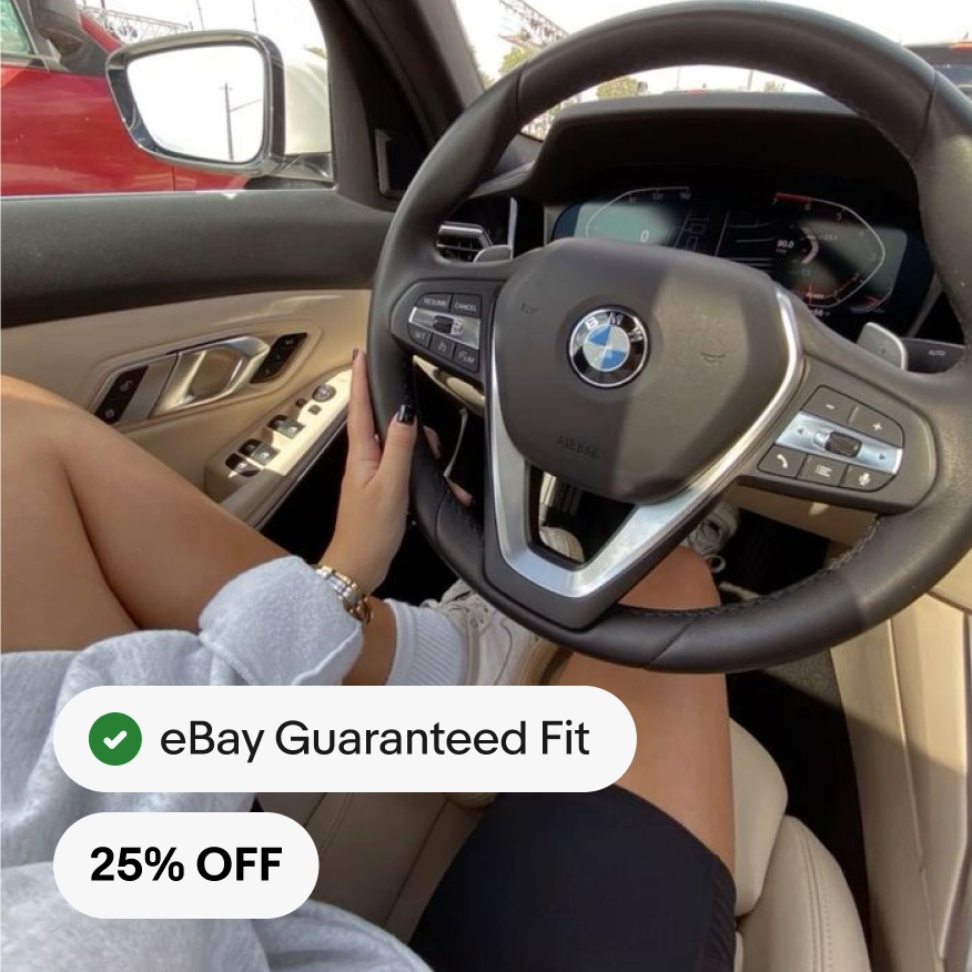 A full bleed image of a person sitting in a BMW driver’s seat with her knee up. A badge and icon are stacked in the lower left corner. A Guaranteed Fit filled icon badge with a “25% OFF” icon below.