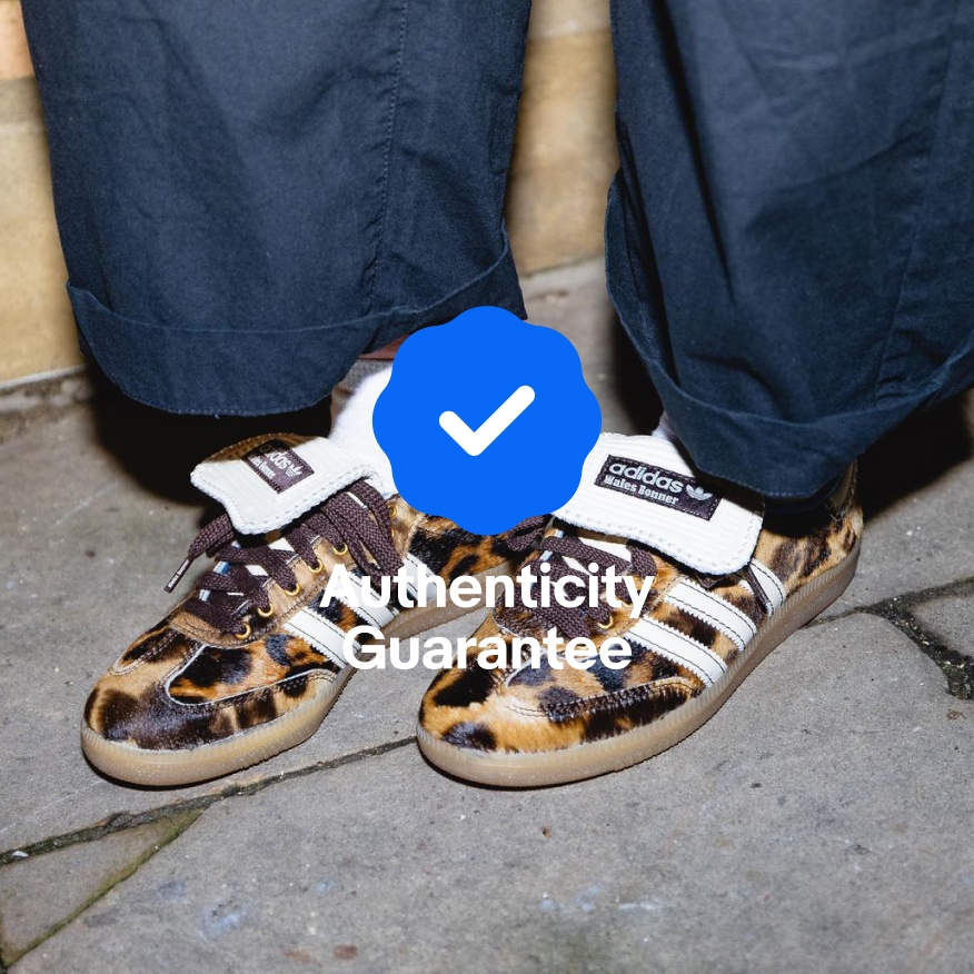 A full bleed image of a person’s lower legs wearing animal print Adidas sneakers. The badge is centered in the middle but over the busy pattern of the sneakers.