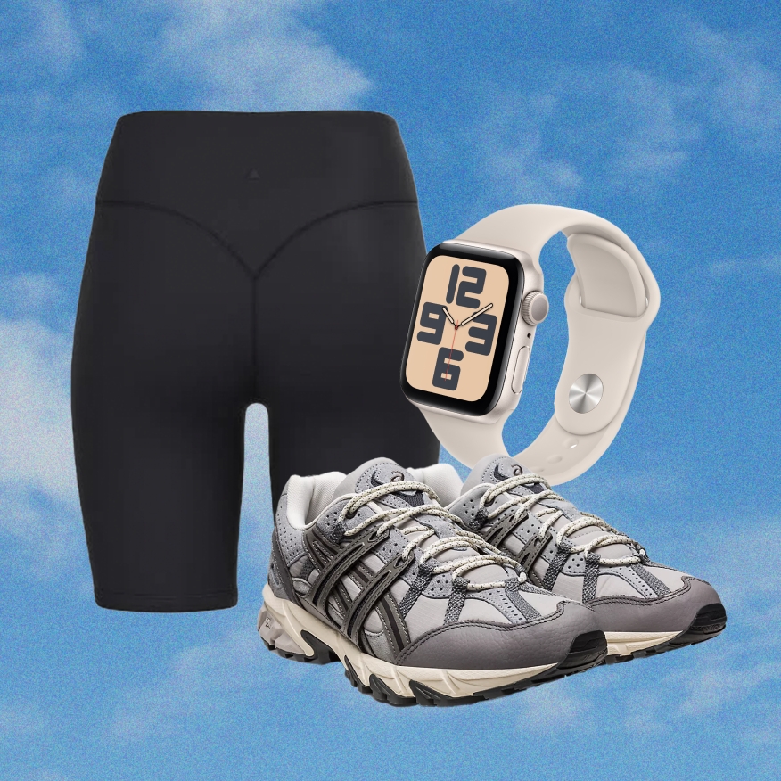 A collage of biking shorts, an Apple Watch, and a pair of Asics sneaker cutout images on a sky background.