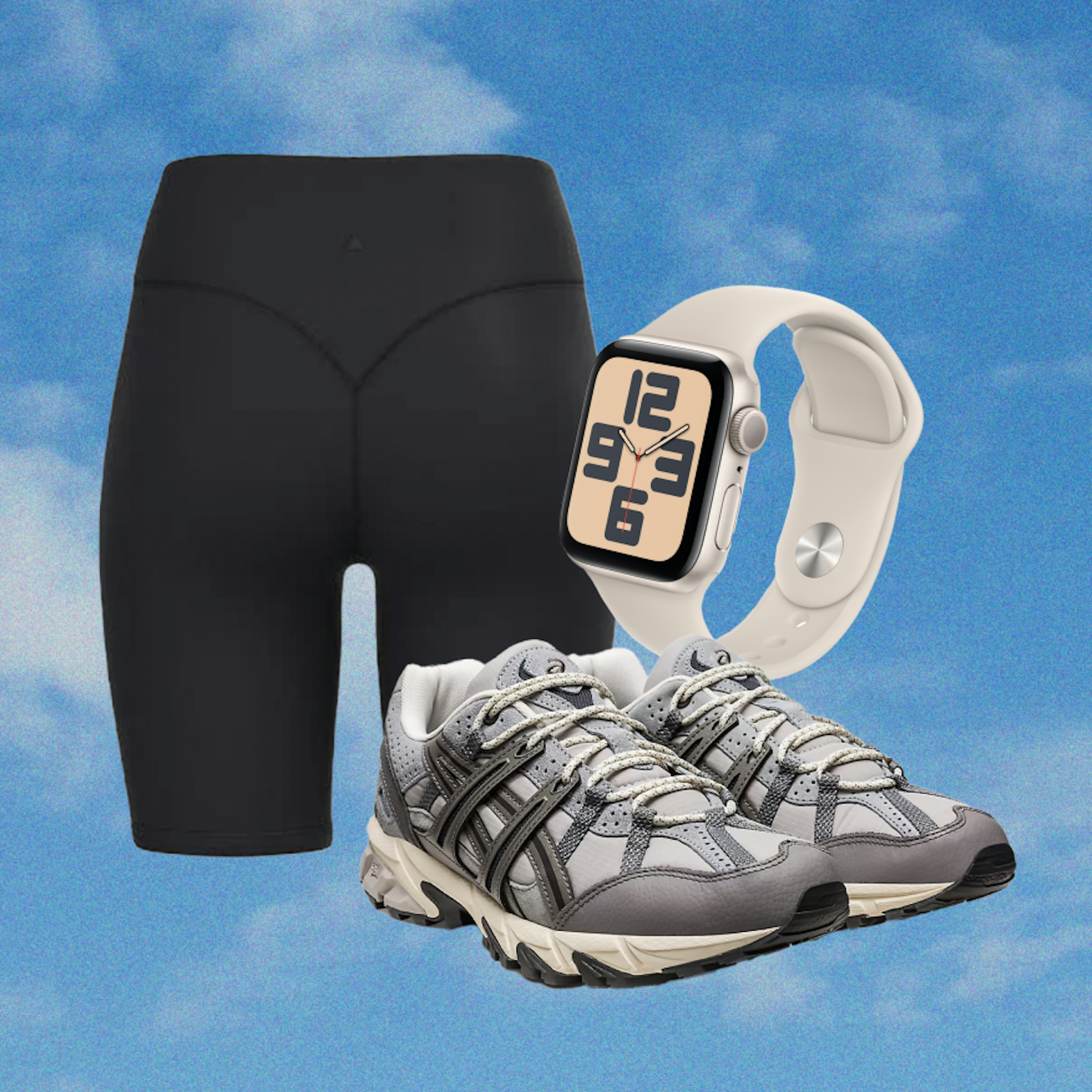 A collage of biking shorts, an Apple Watch, and a pair of Asics sneaker cutout images on a sky background.