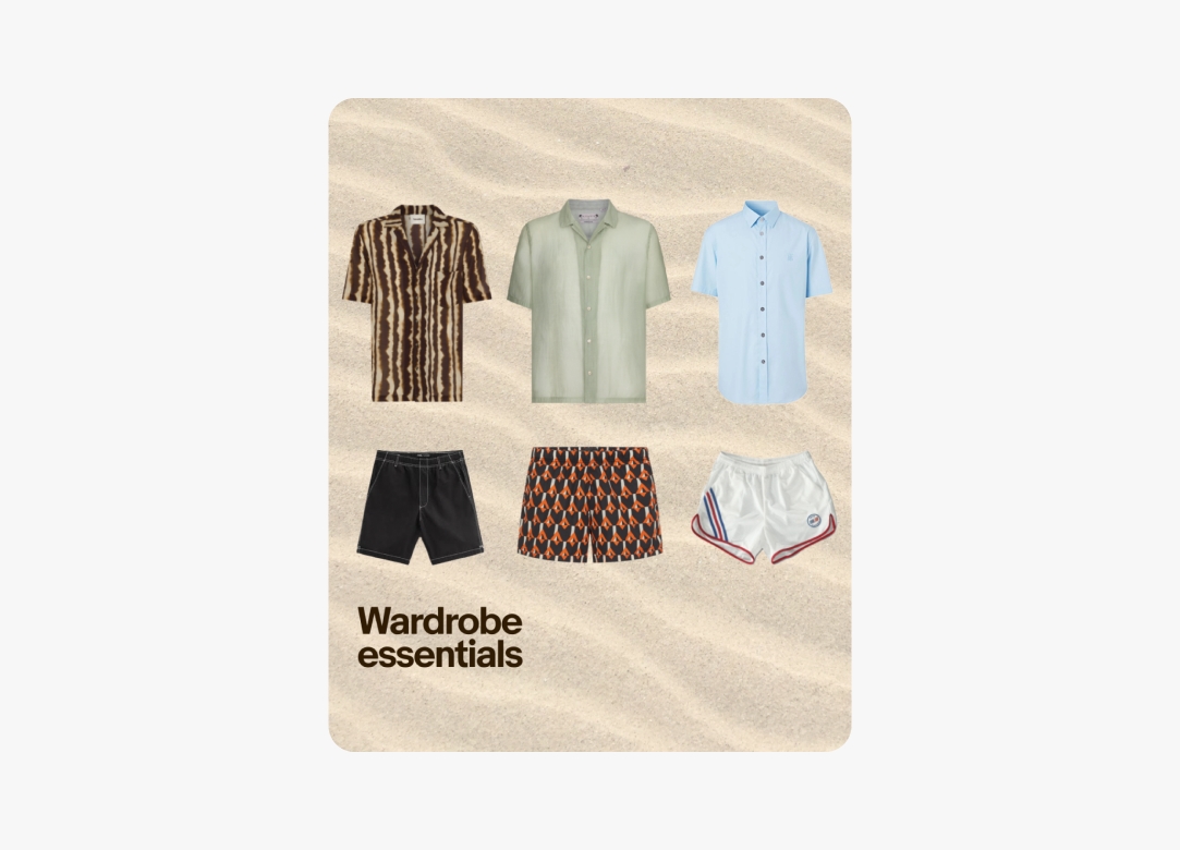 A collage of clothing cutouts on a drifting sand background. Three short sleeve button down cutouts are above three swim trunk cutouts.