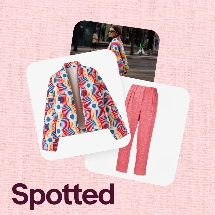 Three stacked cards of a colorful jacket, pink pants, and a woman wearing the clothing on a pink linen textured background.