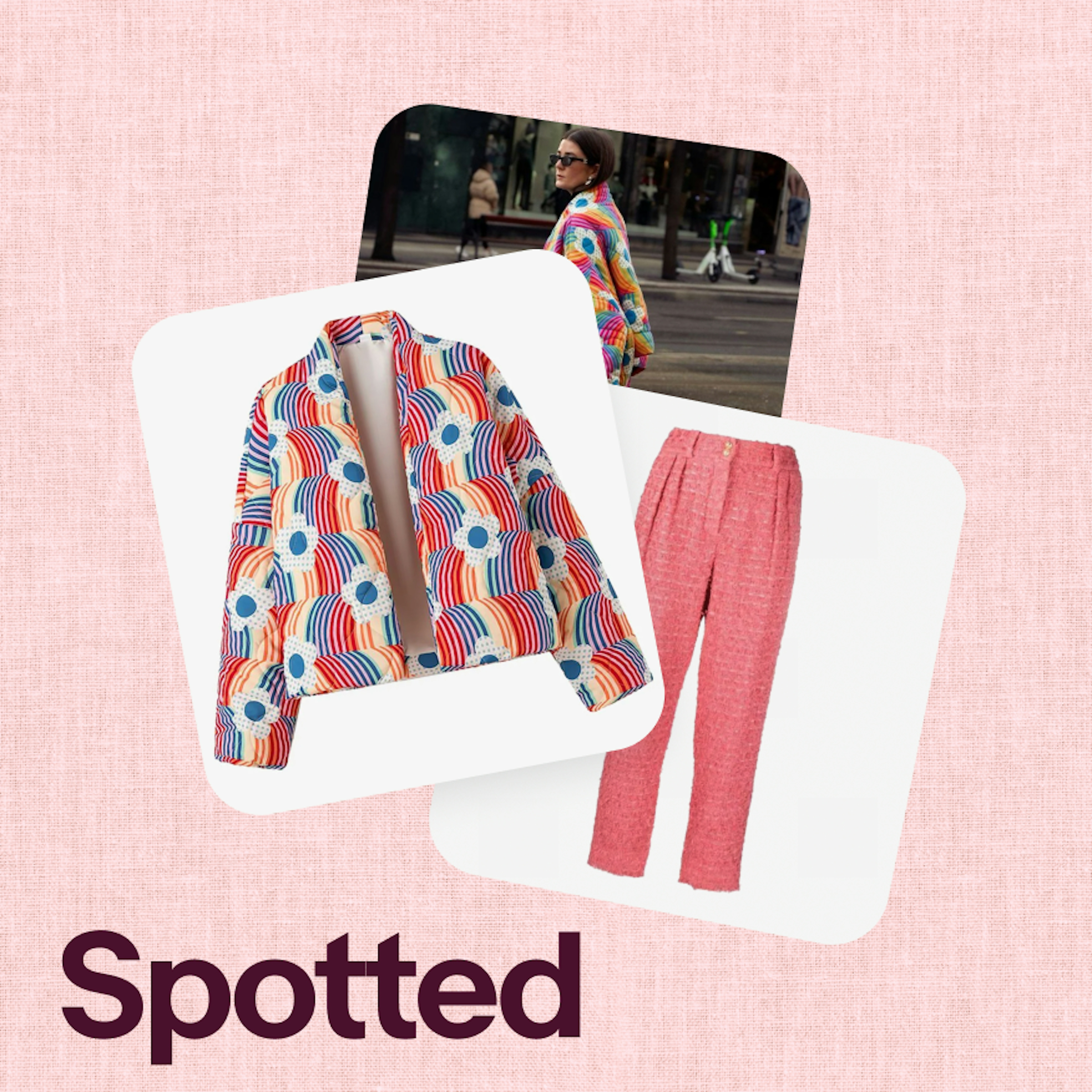 Three stacked cards of a colorful jacket, pink pants, and a woman wearing the clothing on a pink linen textured background.