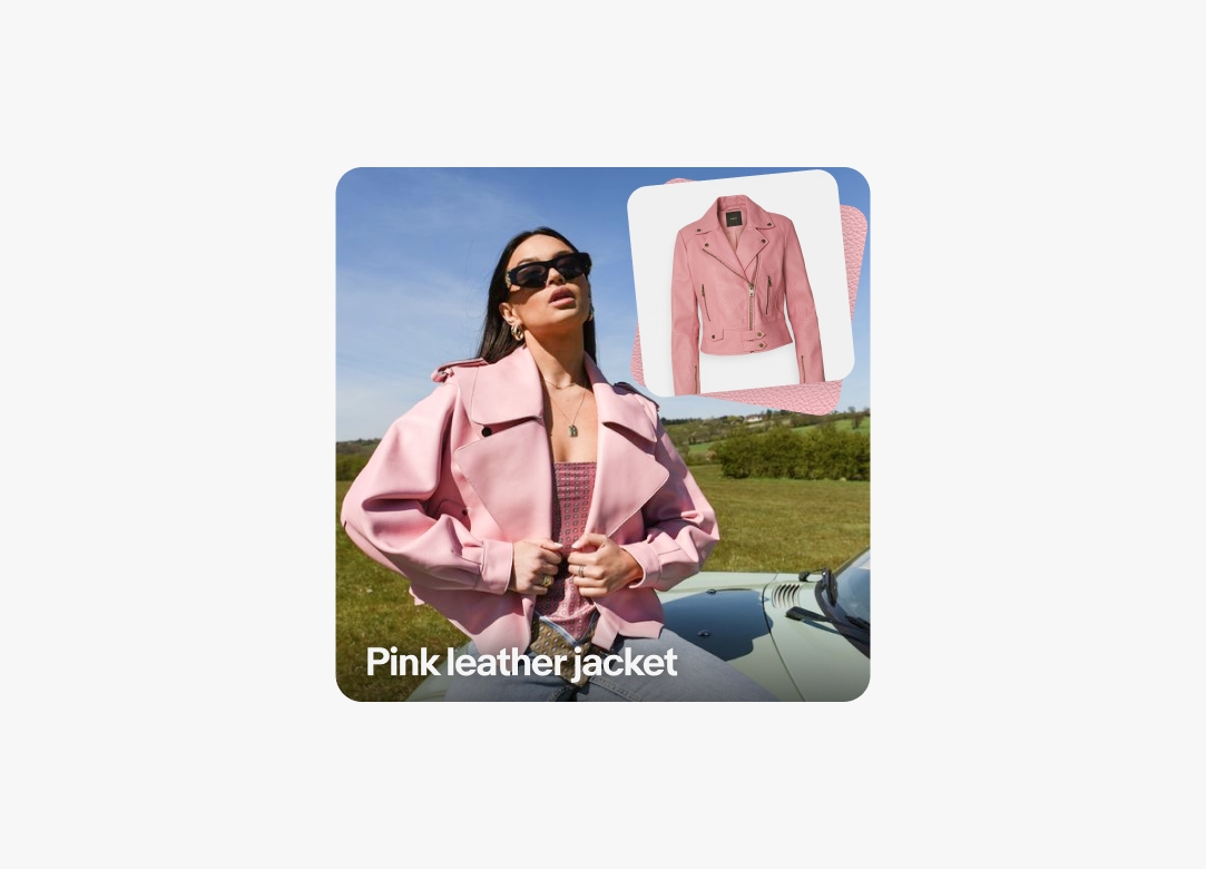 A full bleed image of a woman wearing a pink leather coat outside with two stacked cards in the upper right corner. The top is a pink leather jacket and below a pink textured card.
