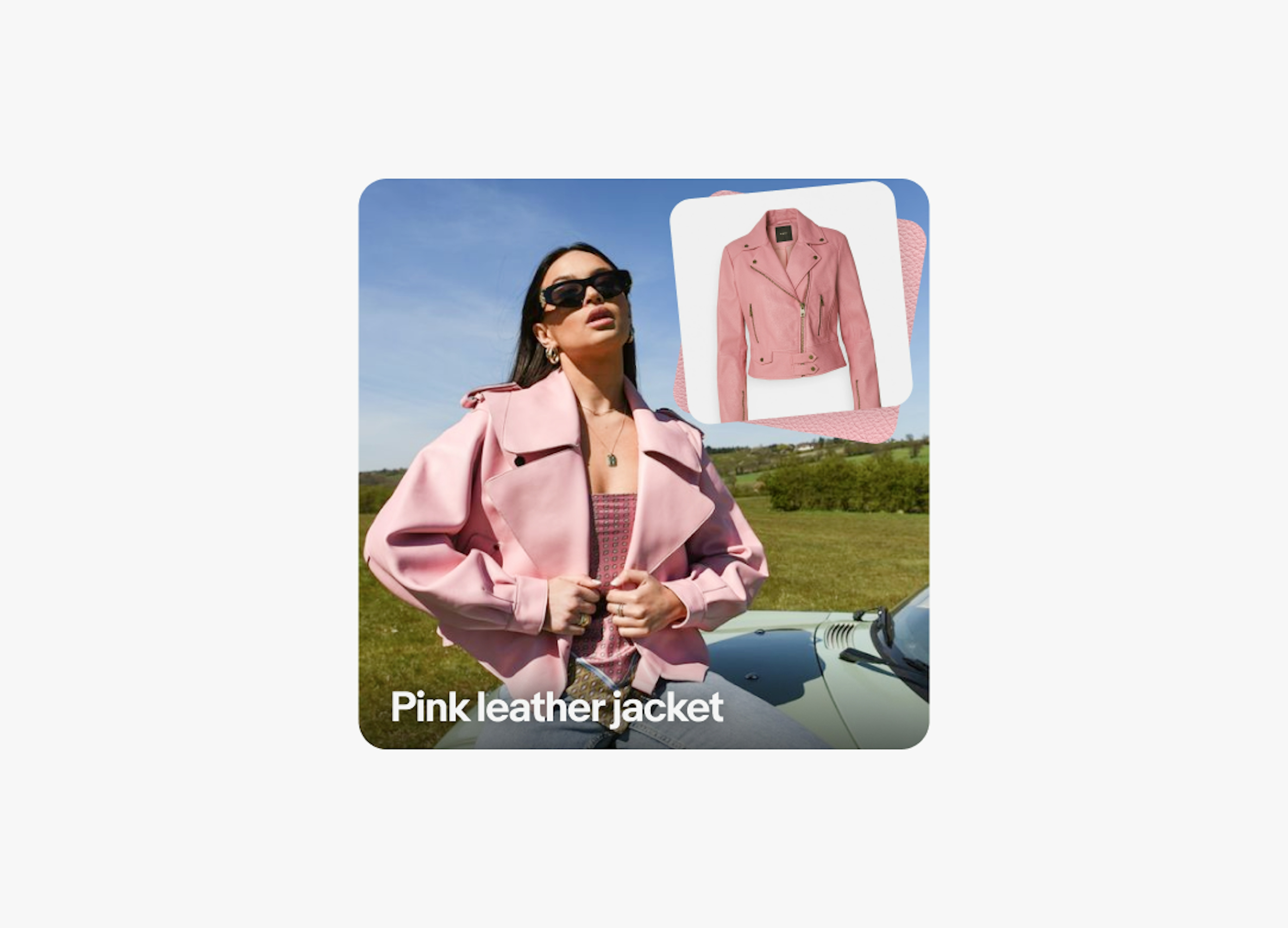 A full bleed image of a woman wearing a pink leather coat outside with two stacked cards in the upper right corner. The top is a pink leather jacket and below a pink textured card.
