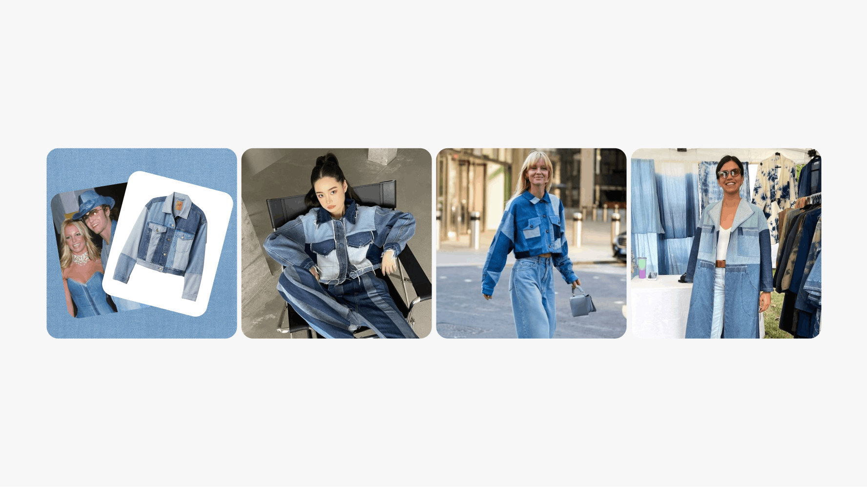 Four slides across. The first slide has two stacked cards on a denim background. The following three slides are full bleed images of women wearing similar denim patchwork jackets with jeans.